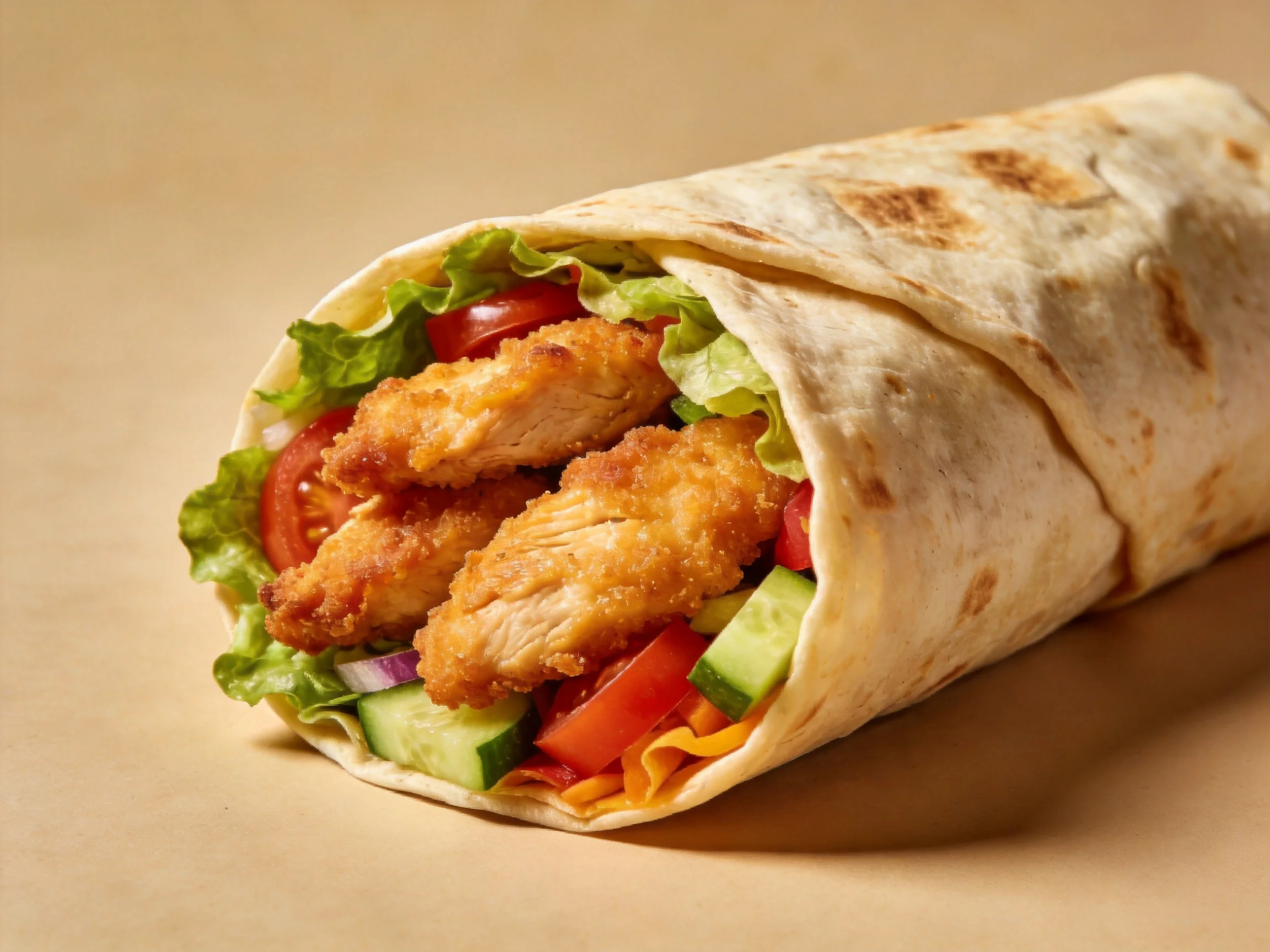 Crispy Chicken Wrap with Fresh Vegetables in Toasted Tortilla
