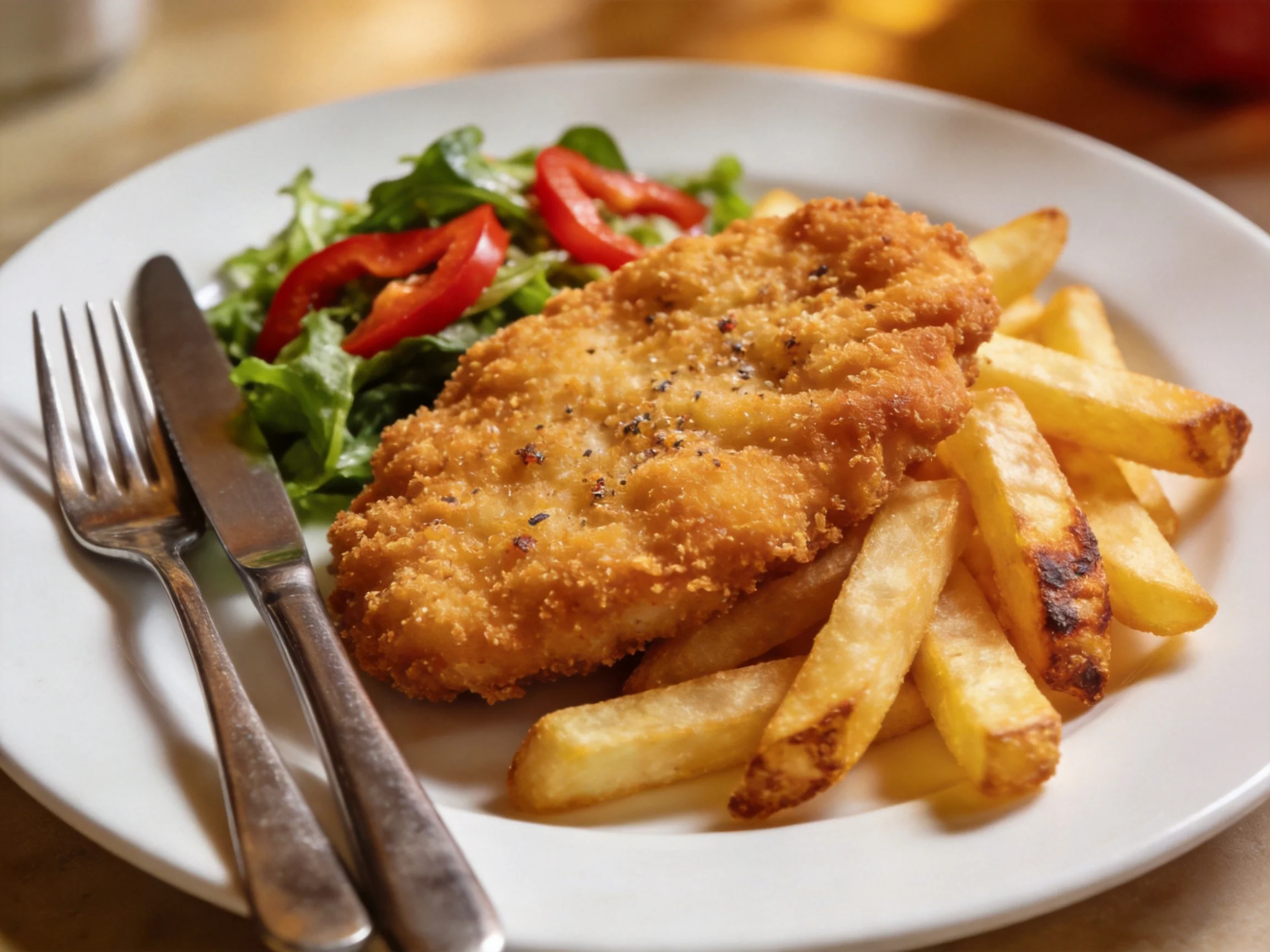 Crispy fried chicken, golden fries, and fresh salad served on a white plate with silverware