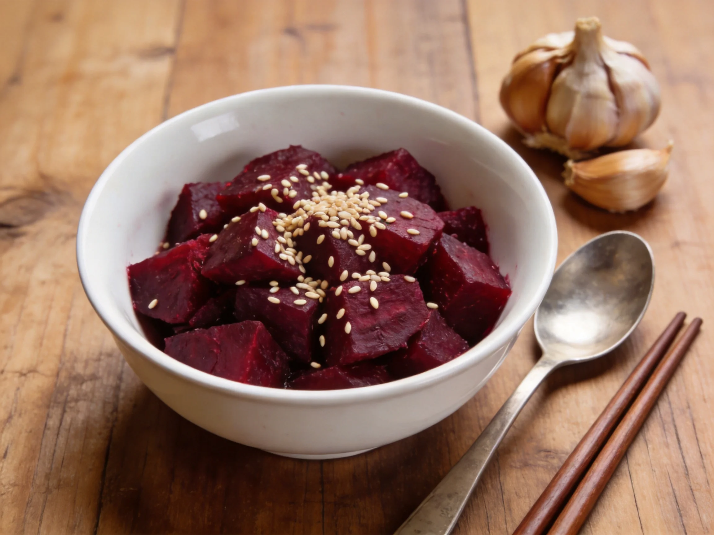 Cubed roasted beets in white bowl with sesame seeds, garlic, spoon, chopsticks on wooden surface