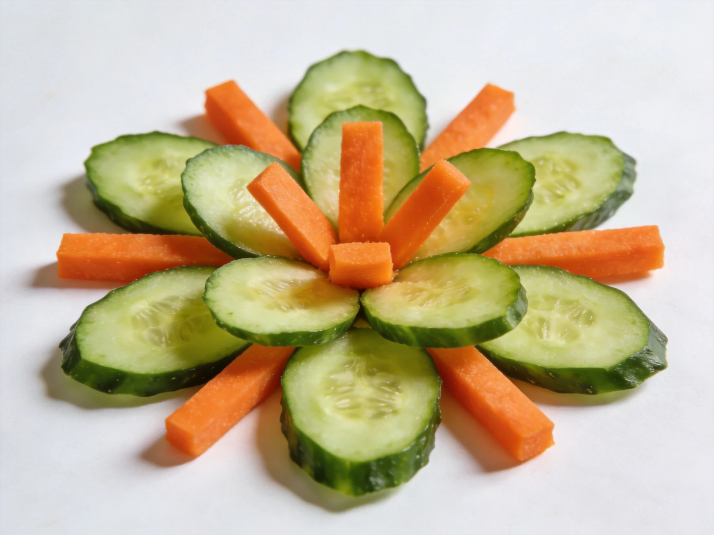 Cucumber Slices and Carrot Sticks Arranged in a Circular Floral Pattern