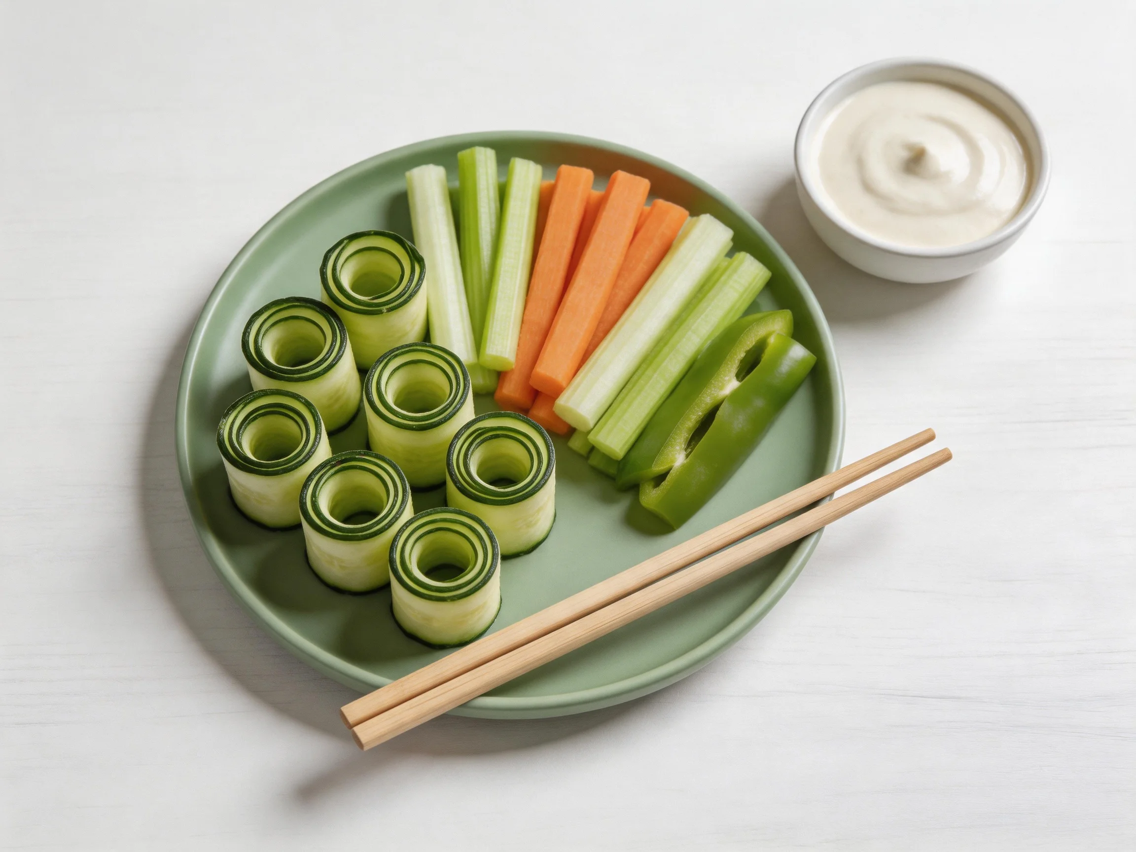 Cucumber rolls, vegetable sticks, chopsticks, and dip on a green plate