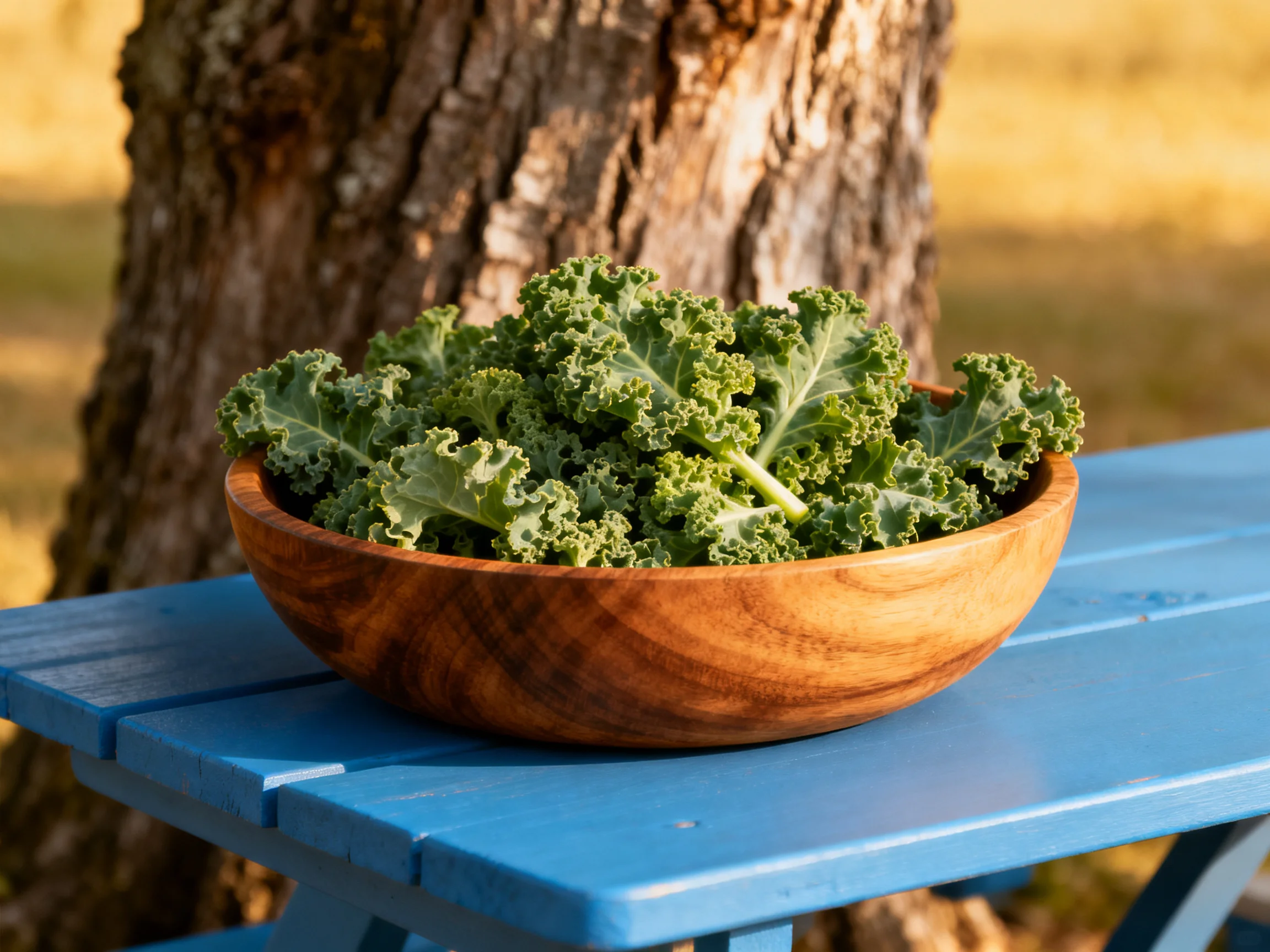 Curly green kale in a wooden bowl on a blue picnic table near a tree