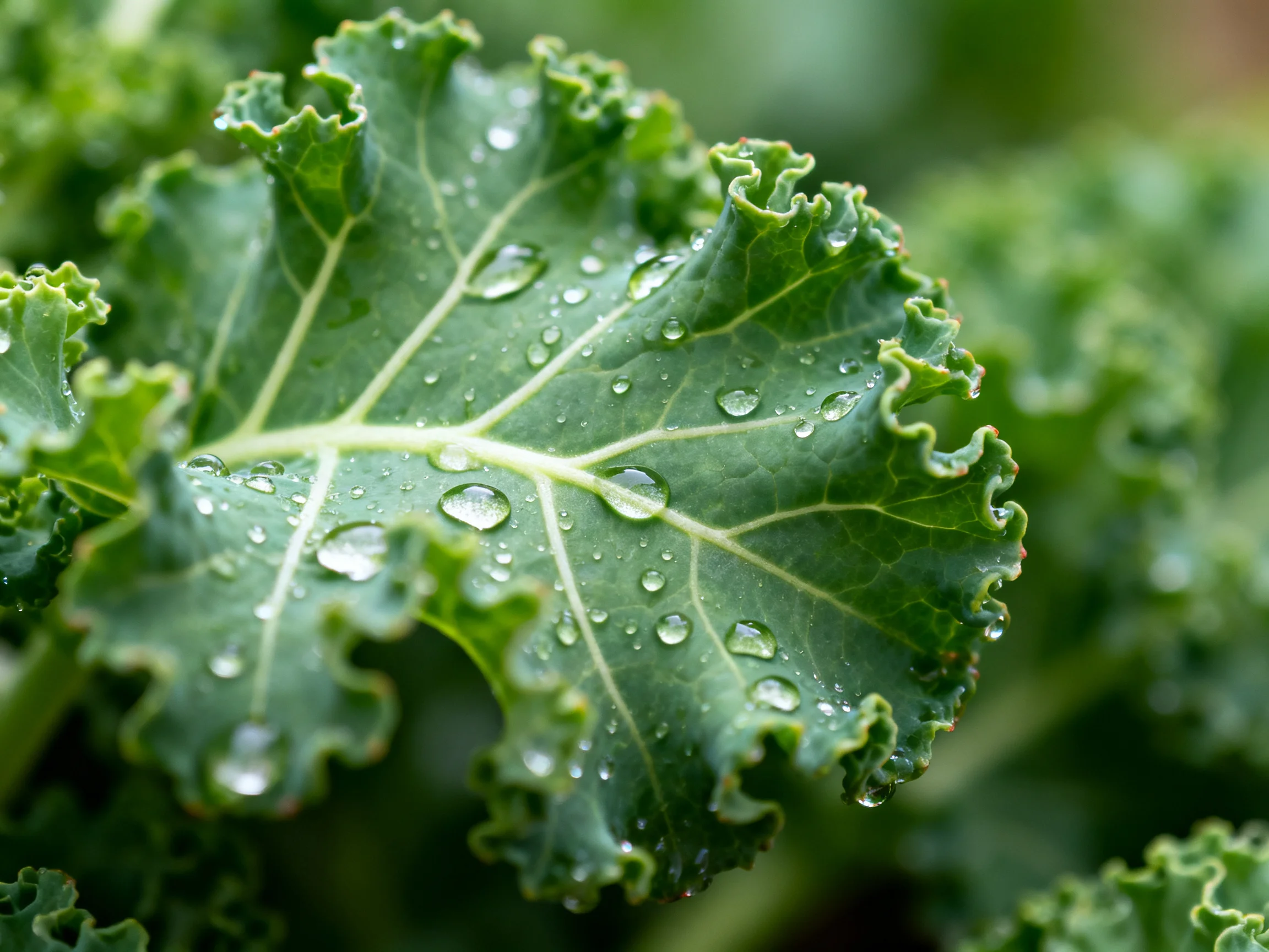 Curly green kale leaf with glistening water droplets