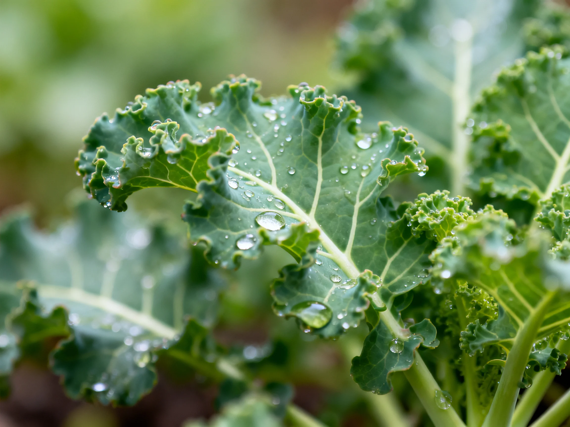 Curly green kale leaves with glistening water droplets