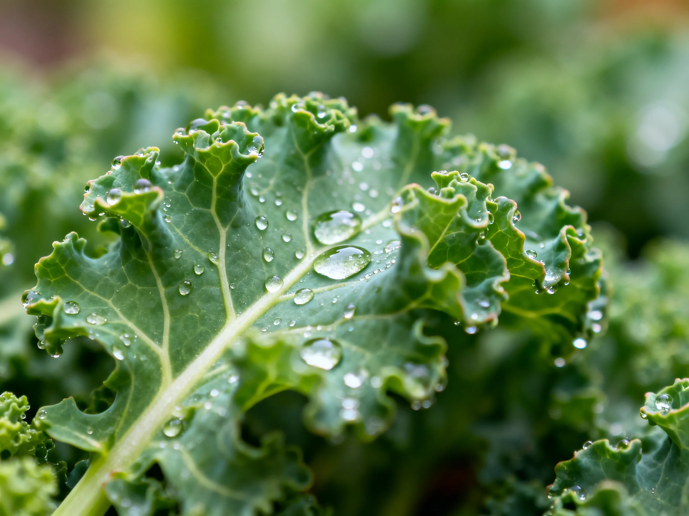 Curly green kale leaves with glistening water droplets