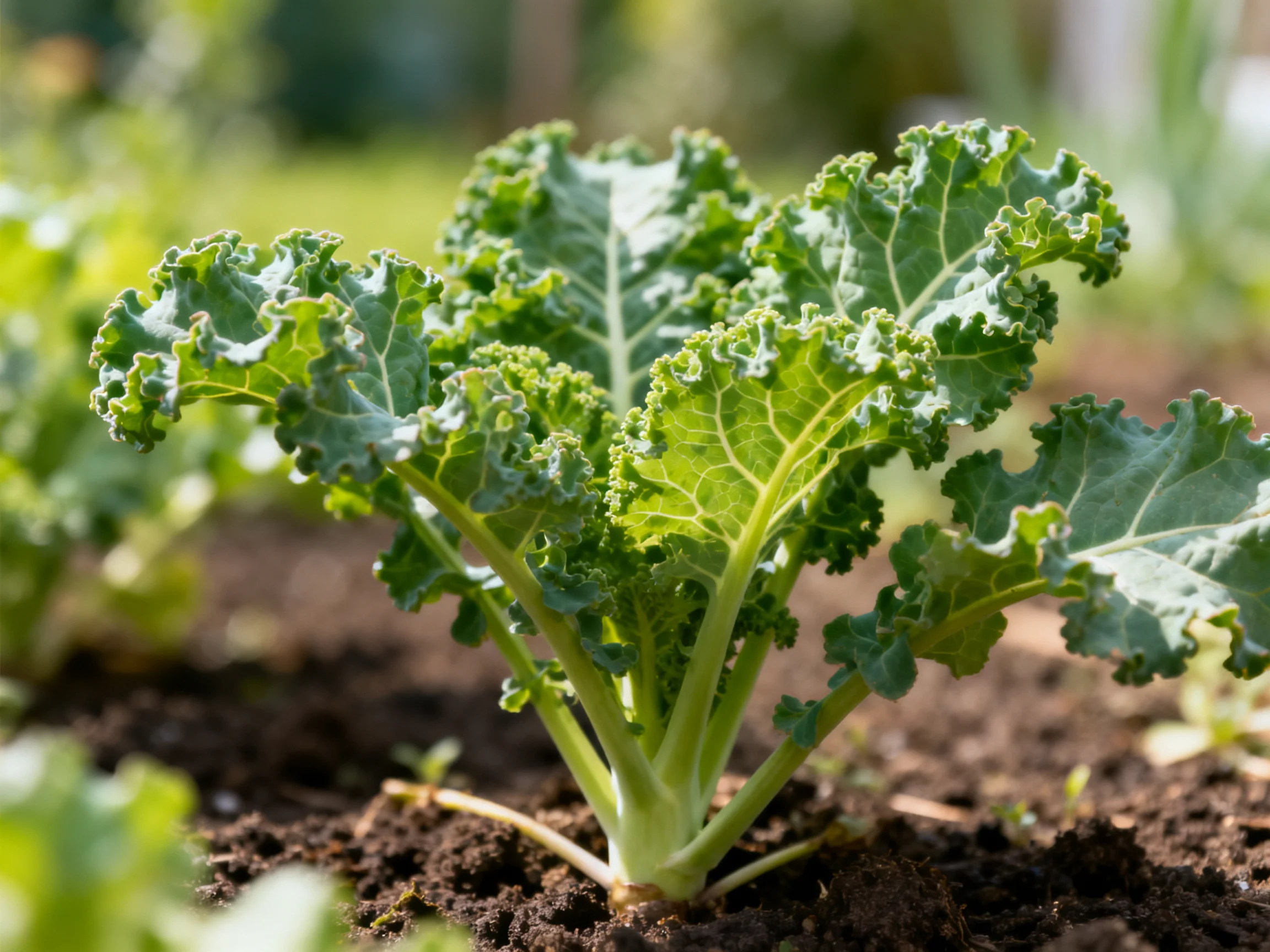 Curly green kale plant thriving in rich dark garden soil