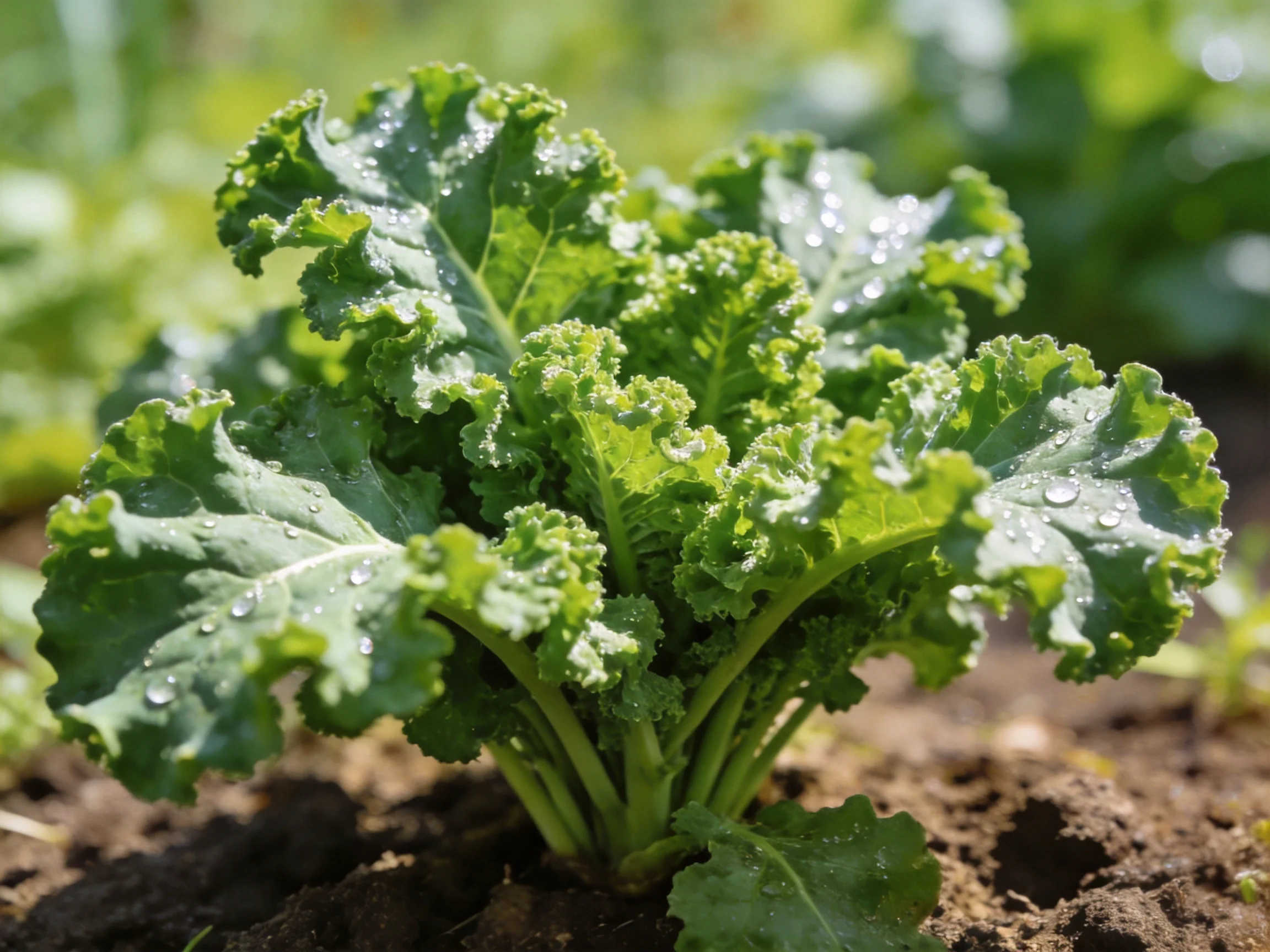 Curly green kale plant with water droplets in a sunlit garden bed