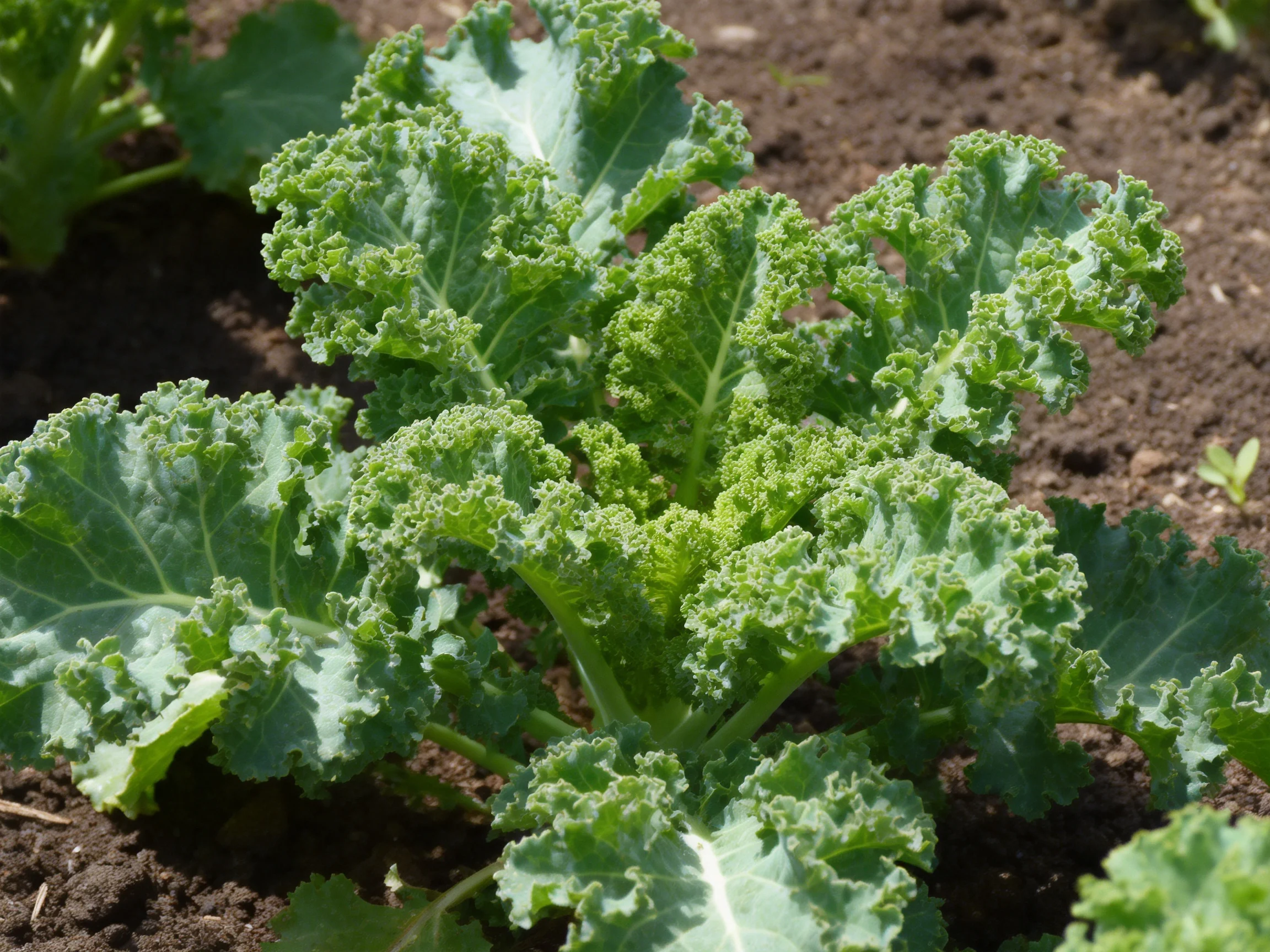 Curly green kale plants growing in dark garden soil
