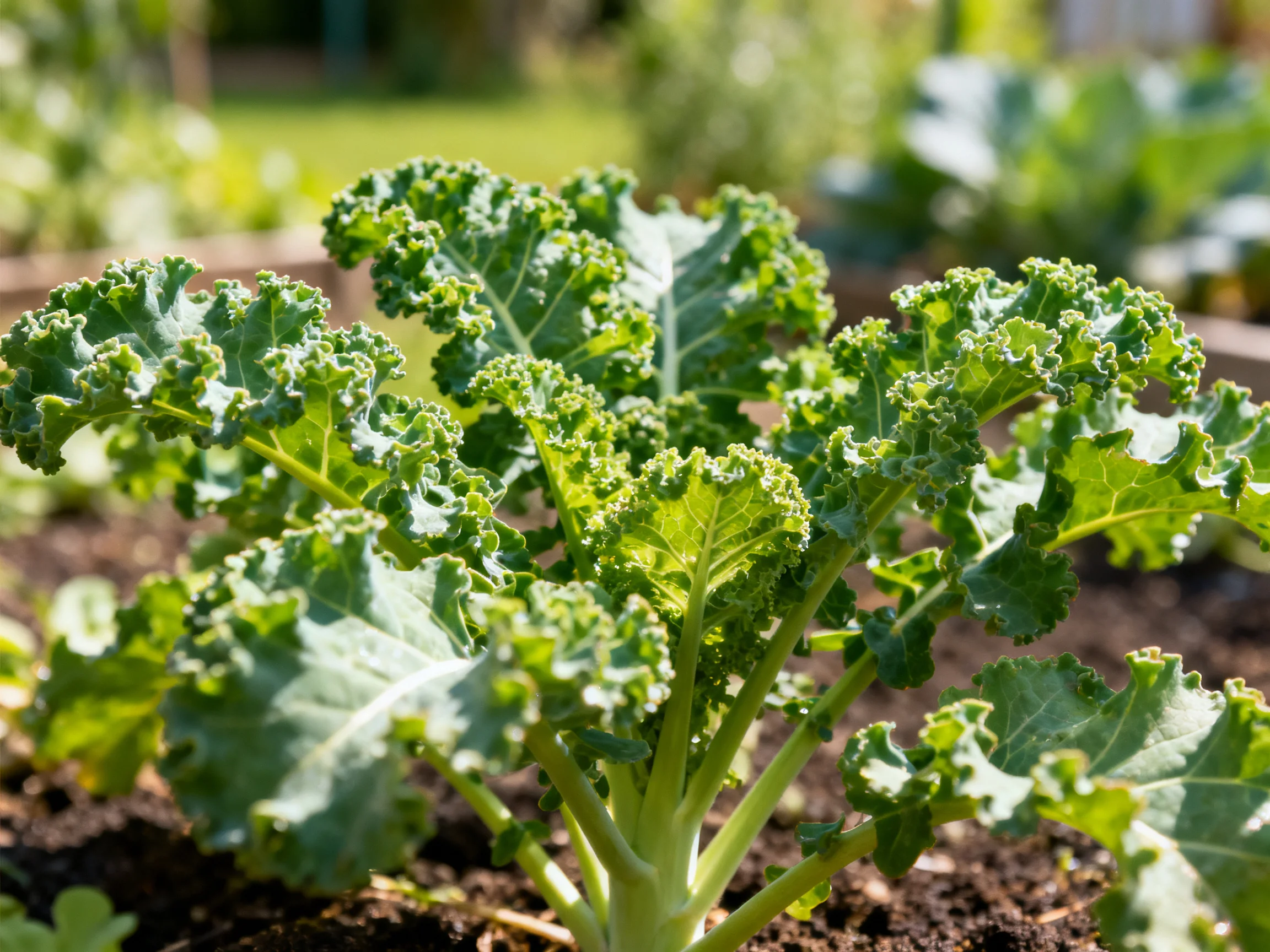 Curly green kale plants thriving in a sunlit garden bed