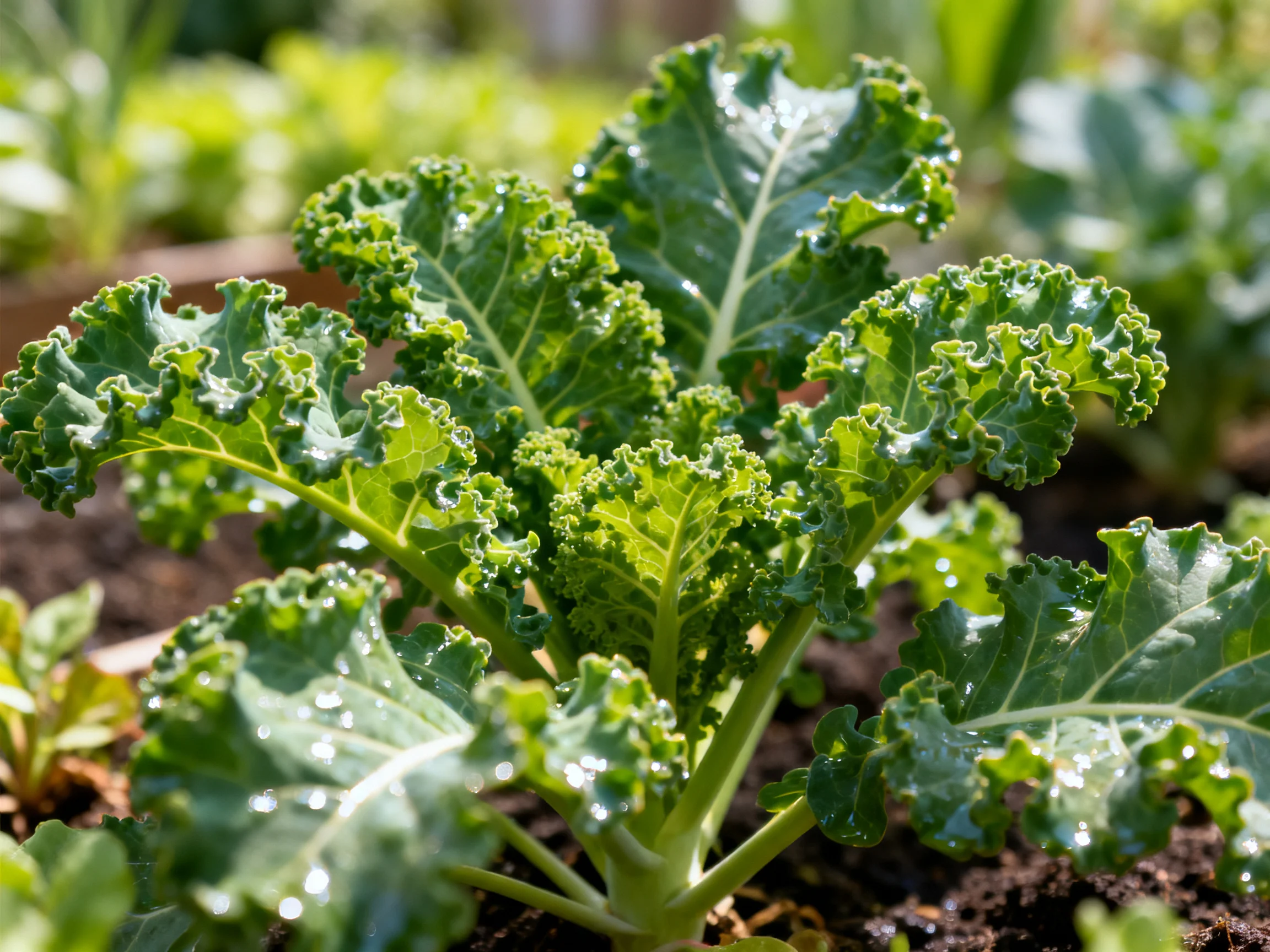 Curly green kale plants thriving in a sunlit garden bed
