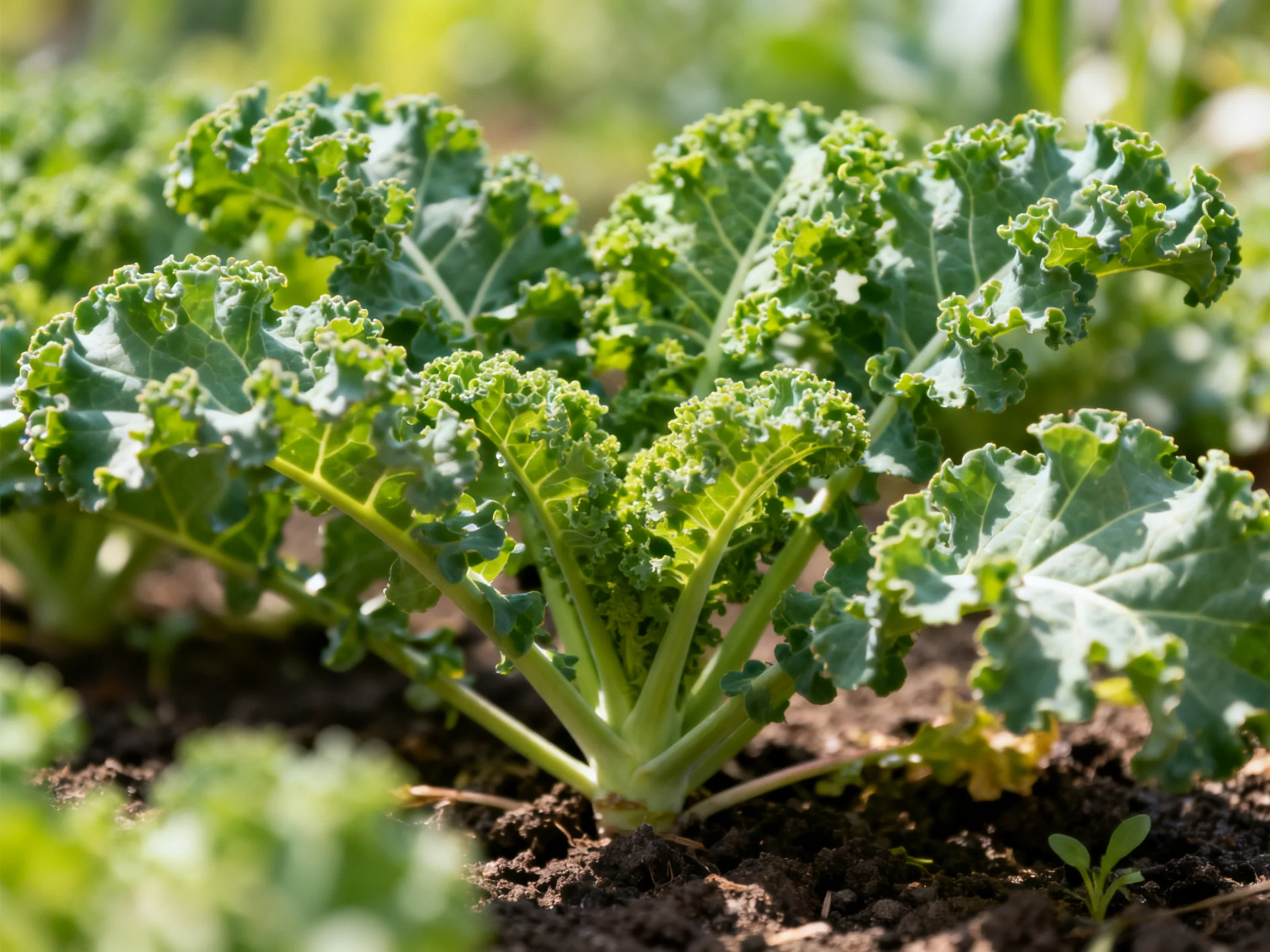 Curly green kale plants thriving in rich, dark garden soil under bright sunlight