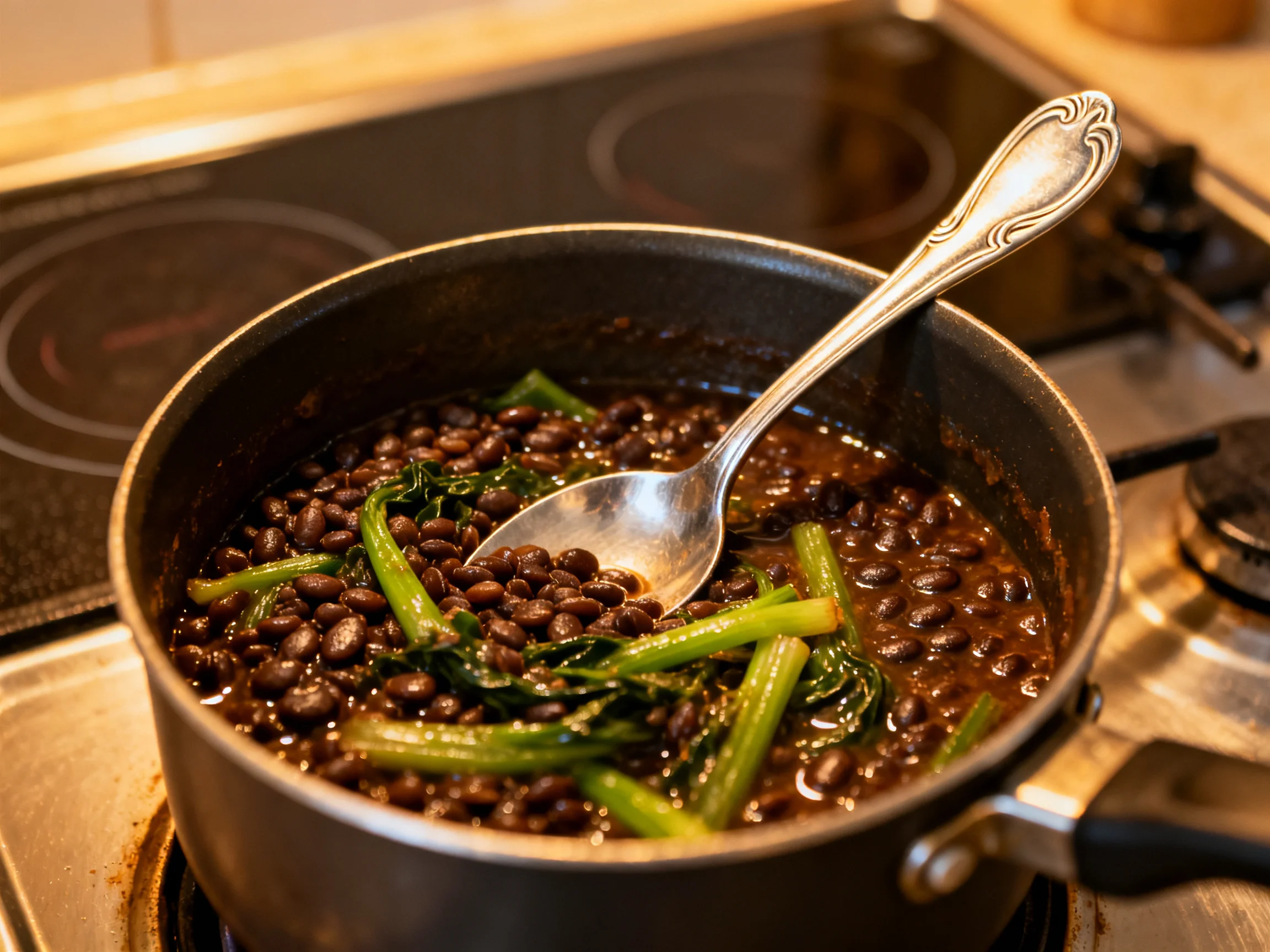 Dark bean stew with green vegetables cooking in a black pot on an electric stove