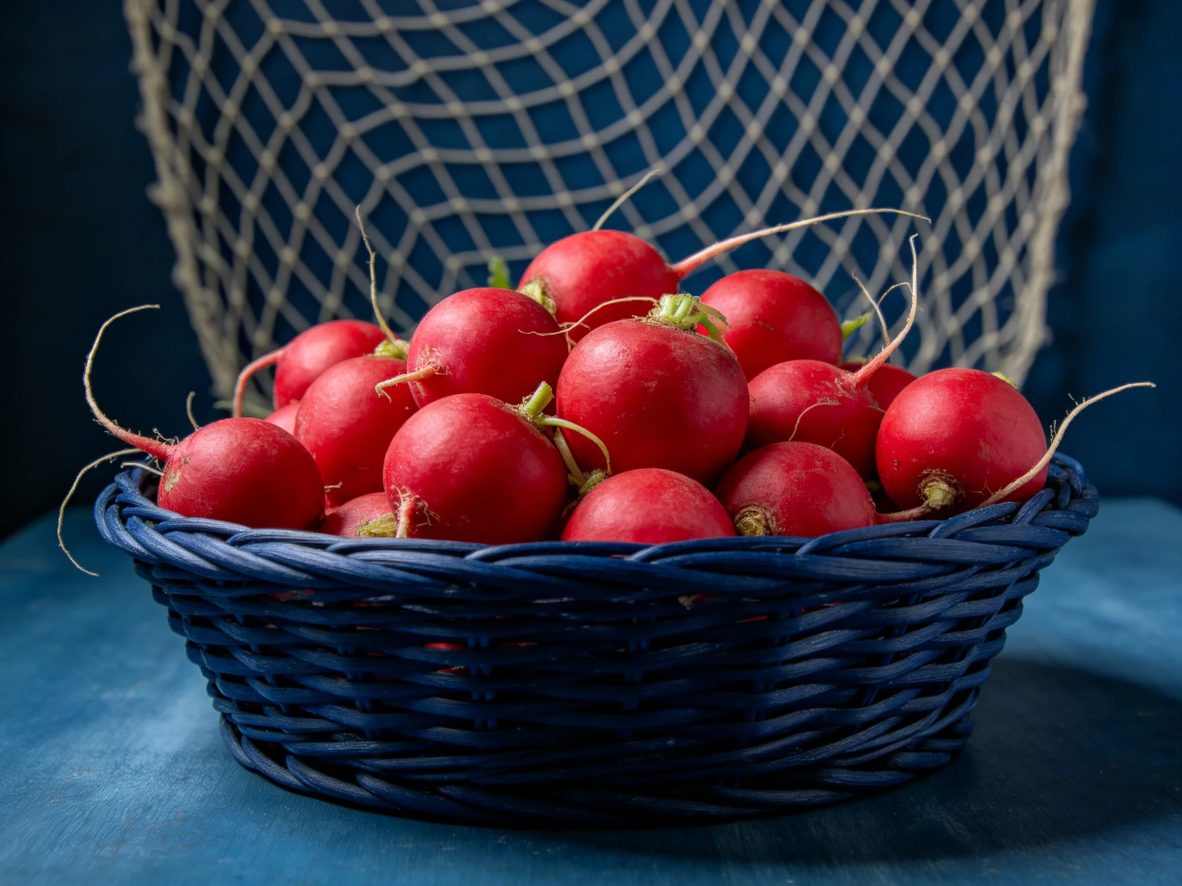 Dark blue basket filled with numerous vibrant red radishes against textured backdrop