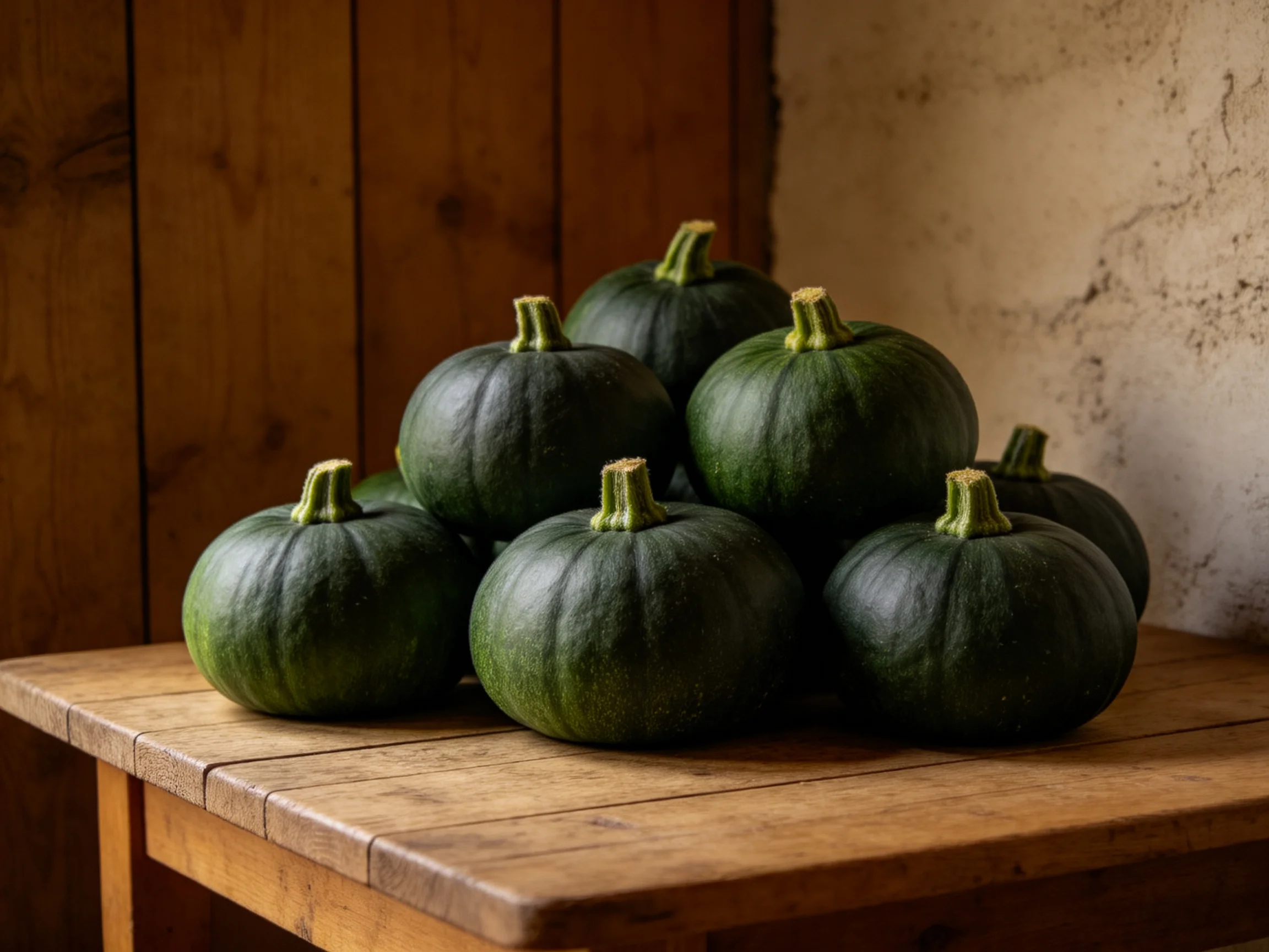 Dark green squashes stacked on a weathered wooden table with rustic surroundings