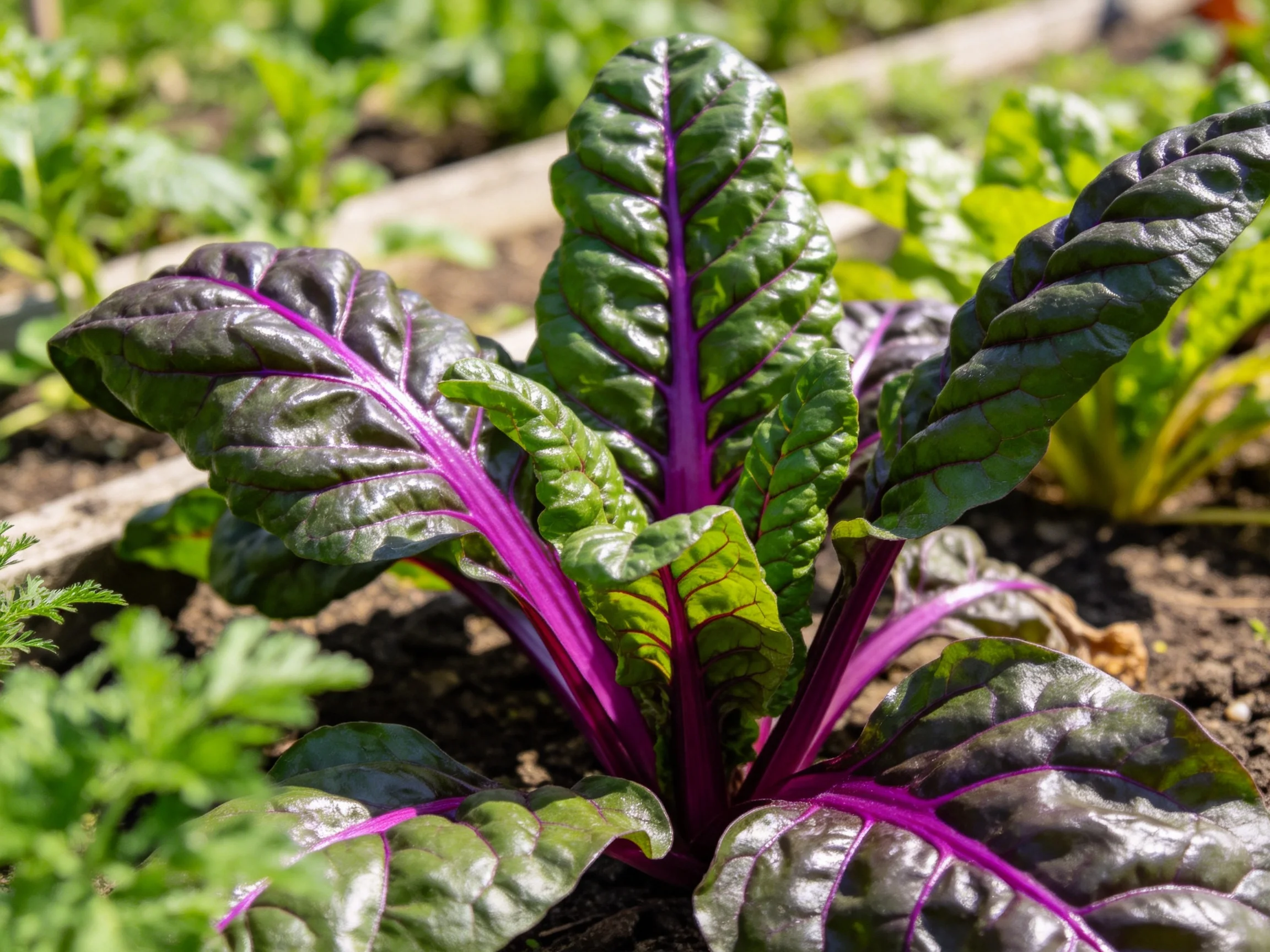 Dark purple chard plant with vibrant green edges growing in a garden bed