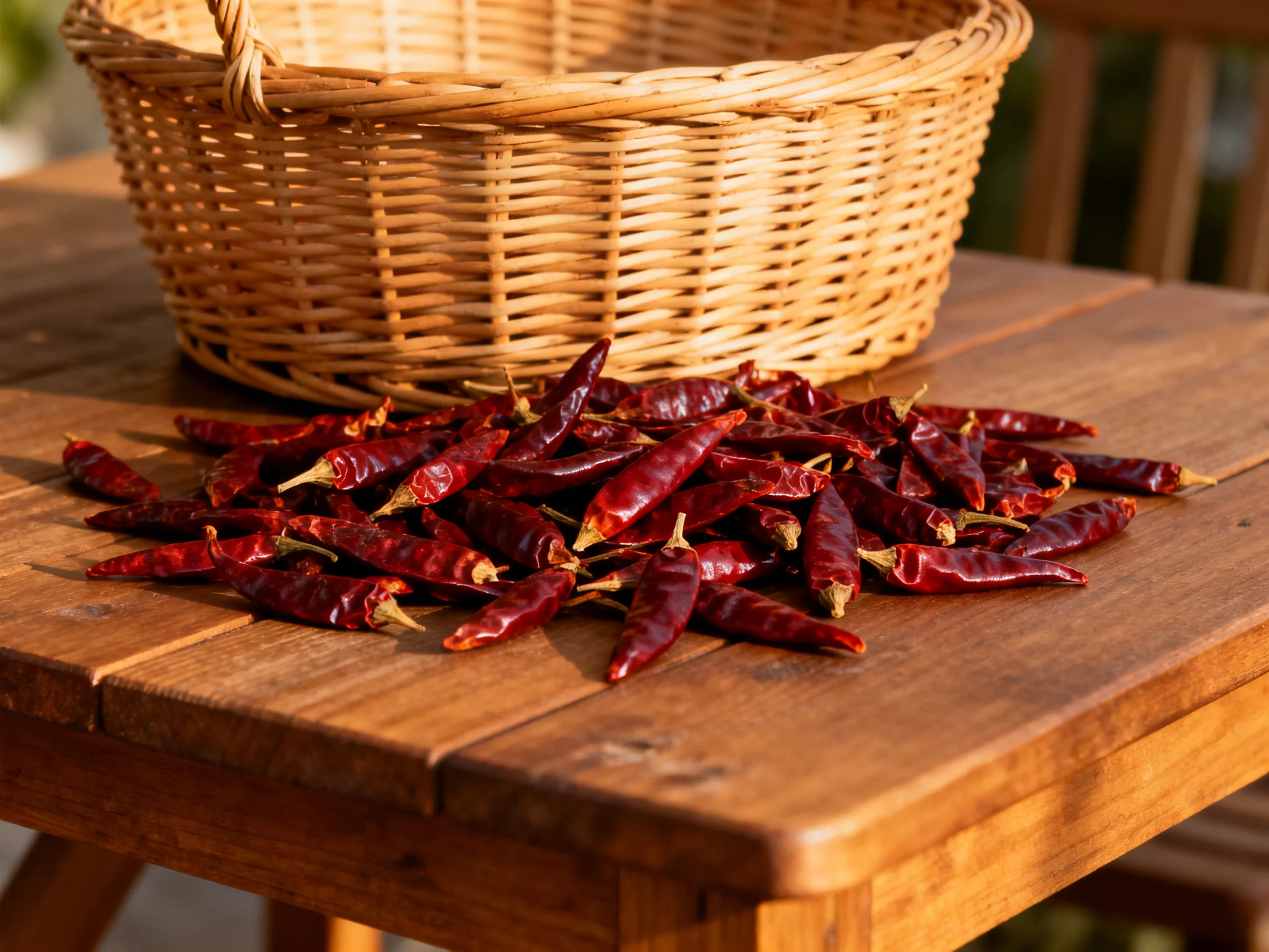 Dark red dried chilies piled on wooden table beside wicker basket