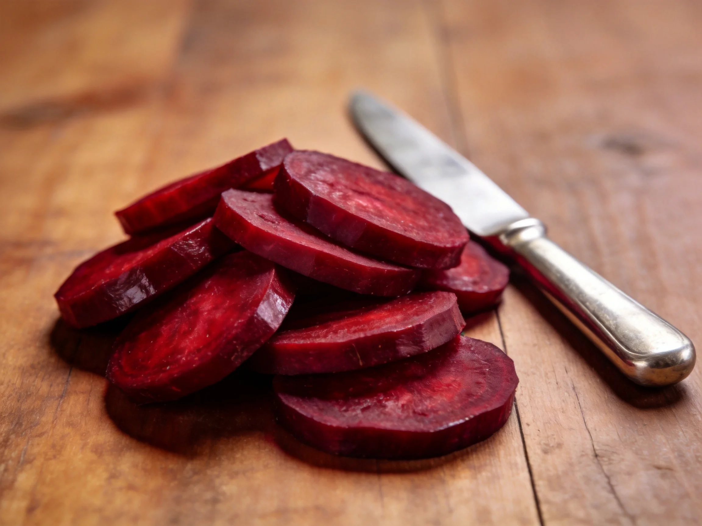 Deep red beet slices piled on a wooden table beside a silver-handled knife