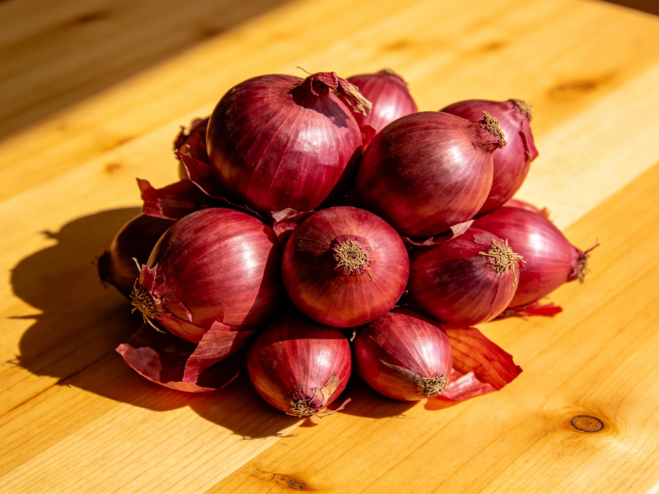 Deep red onions clustered on a polished wooden surface