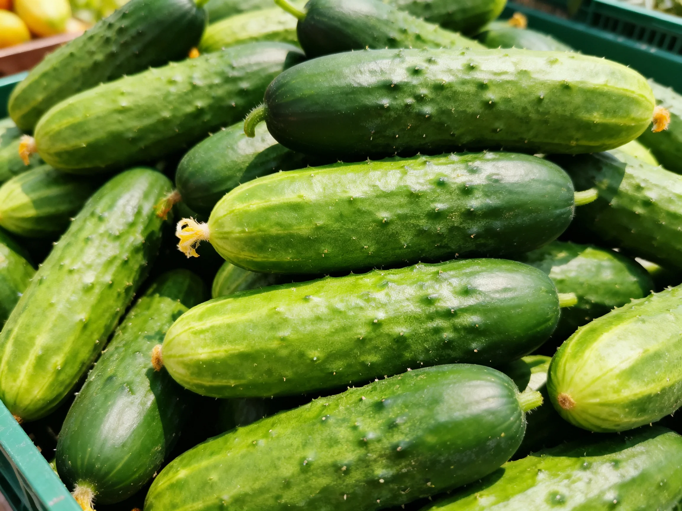 Dense pile of fresh green cucumbers in a market bin