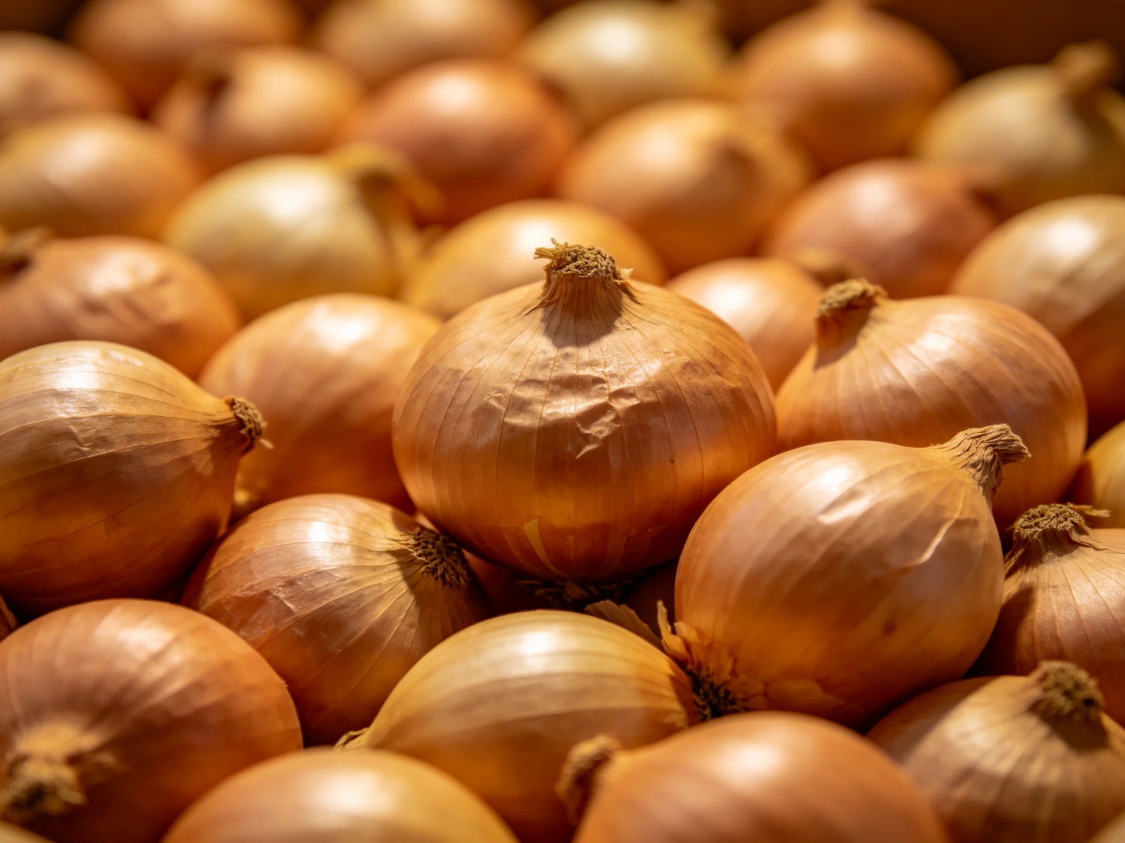 Densely packed golden-brown onions with glossy exteriors