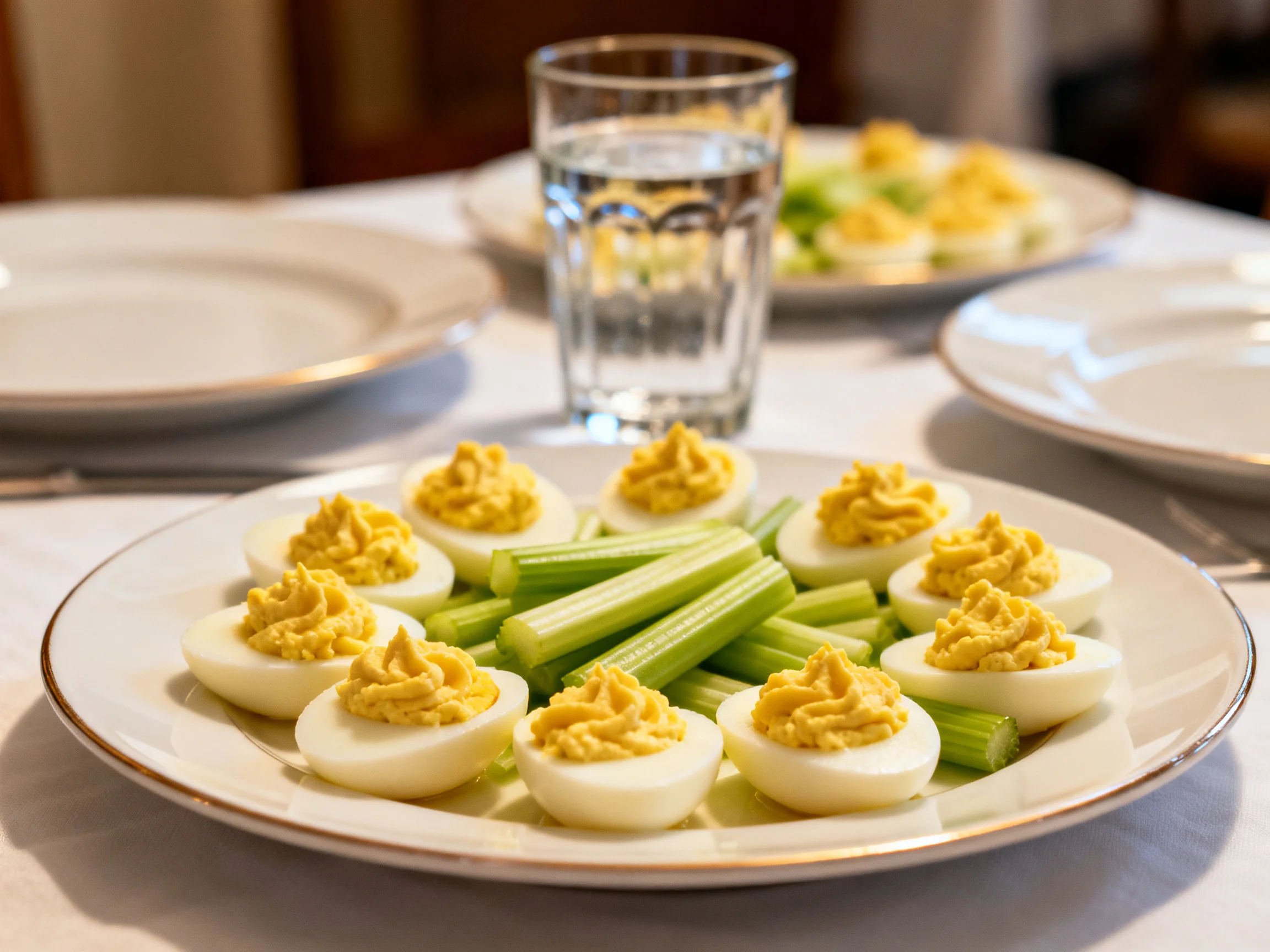 Deviled Eggs with Celery on a Formal Dining Table Setup