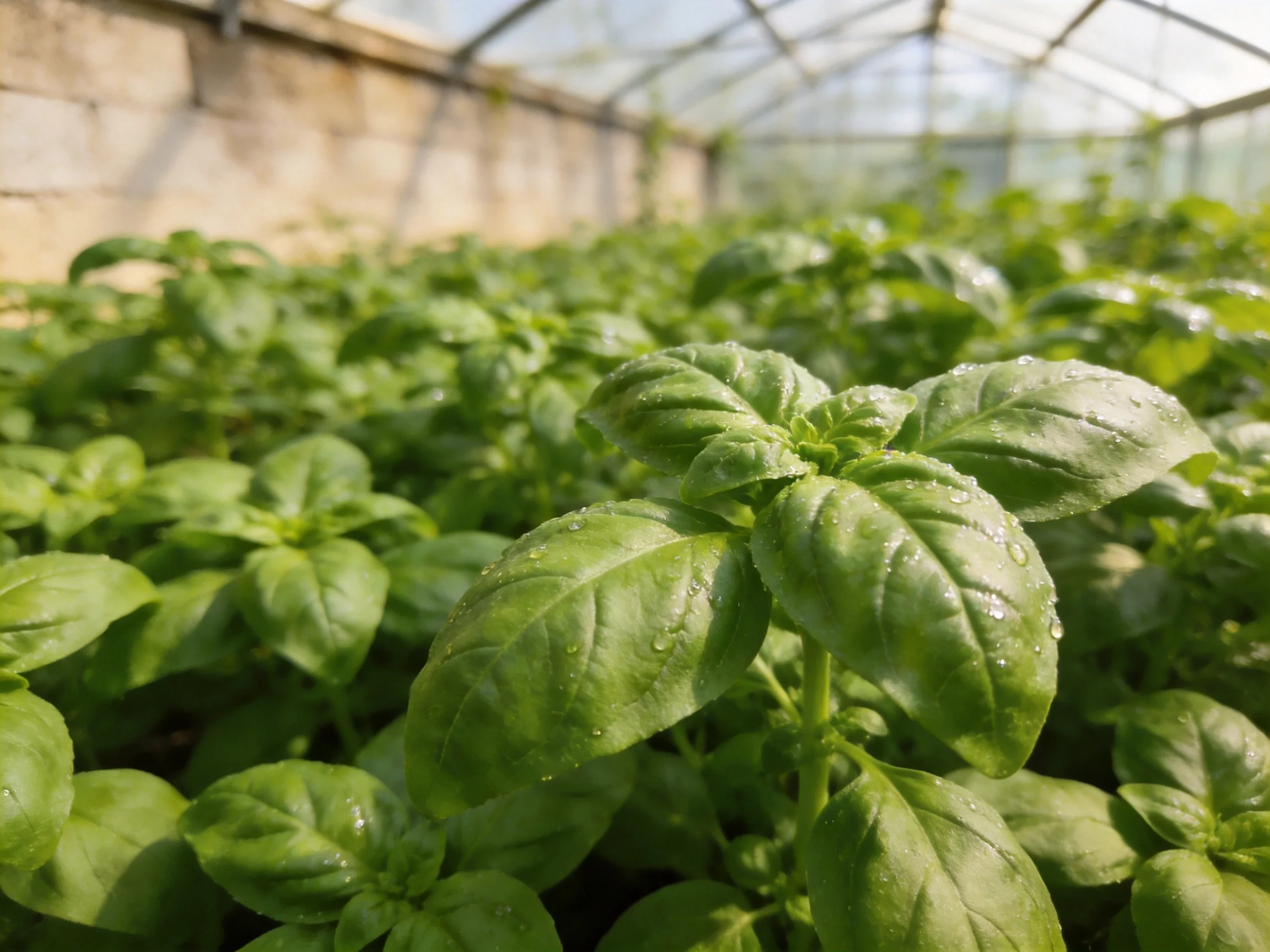 Dew-covered basil plants cultivated inside a glass greenhouse