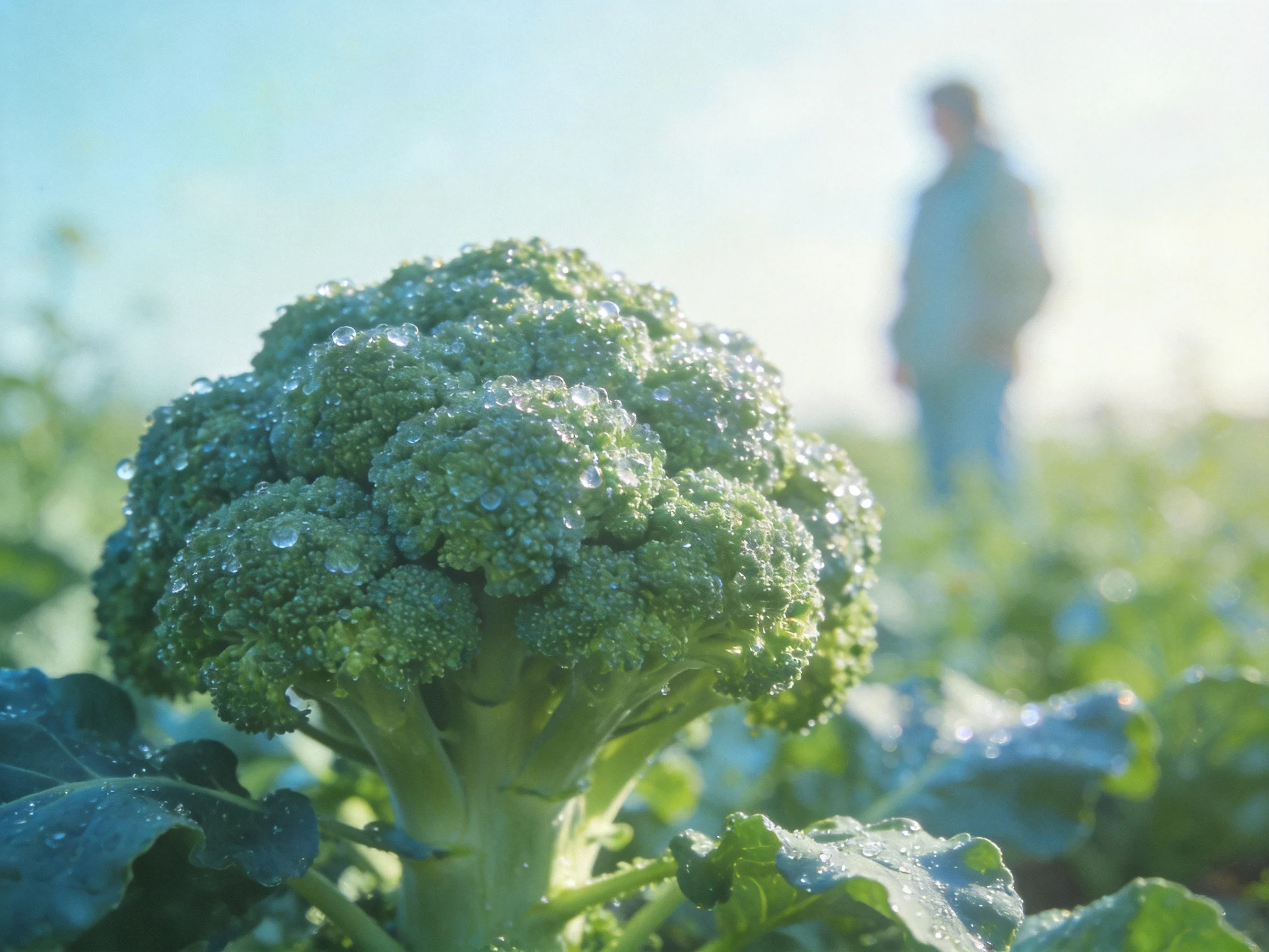 Dew-draped broccoli in a sunlit agricultural field