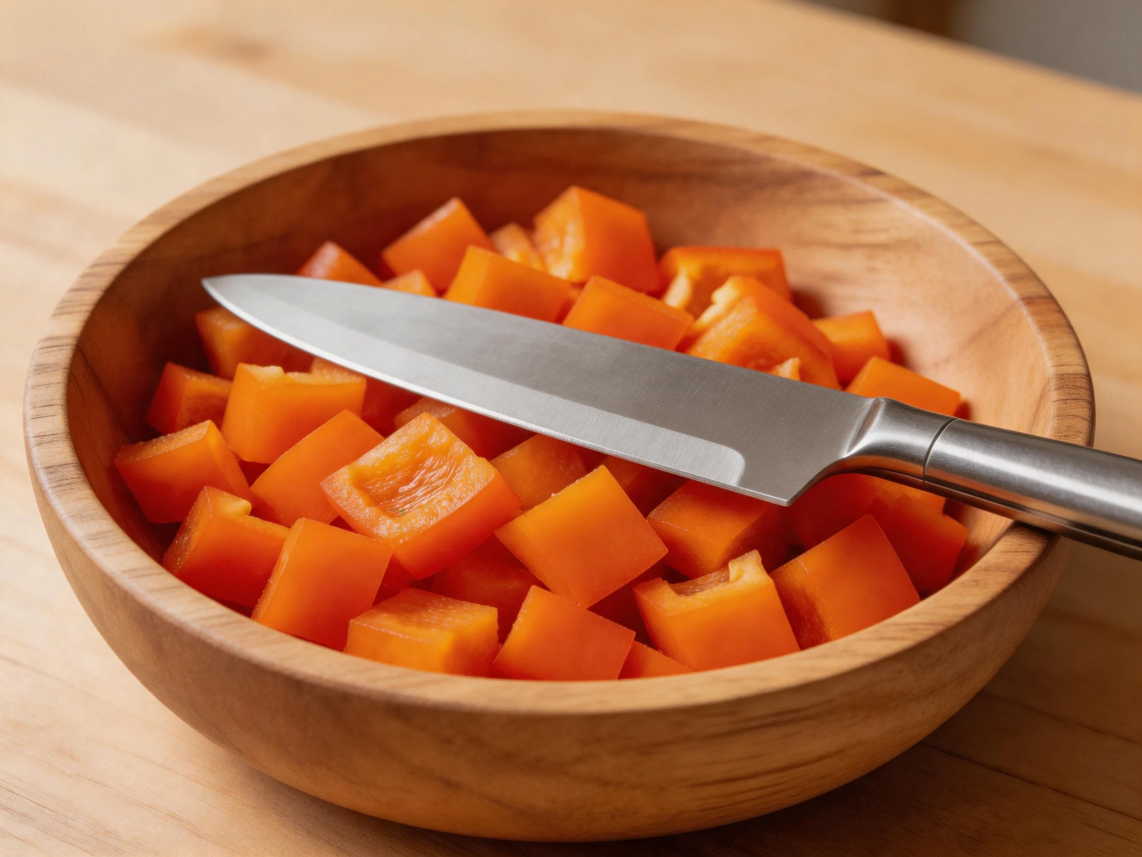 Diced orange vegetable cubes fill a wooden bowl with a stainless steel knife