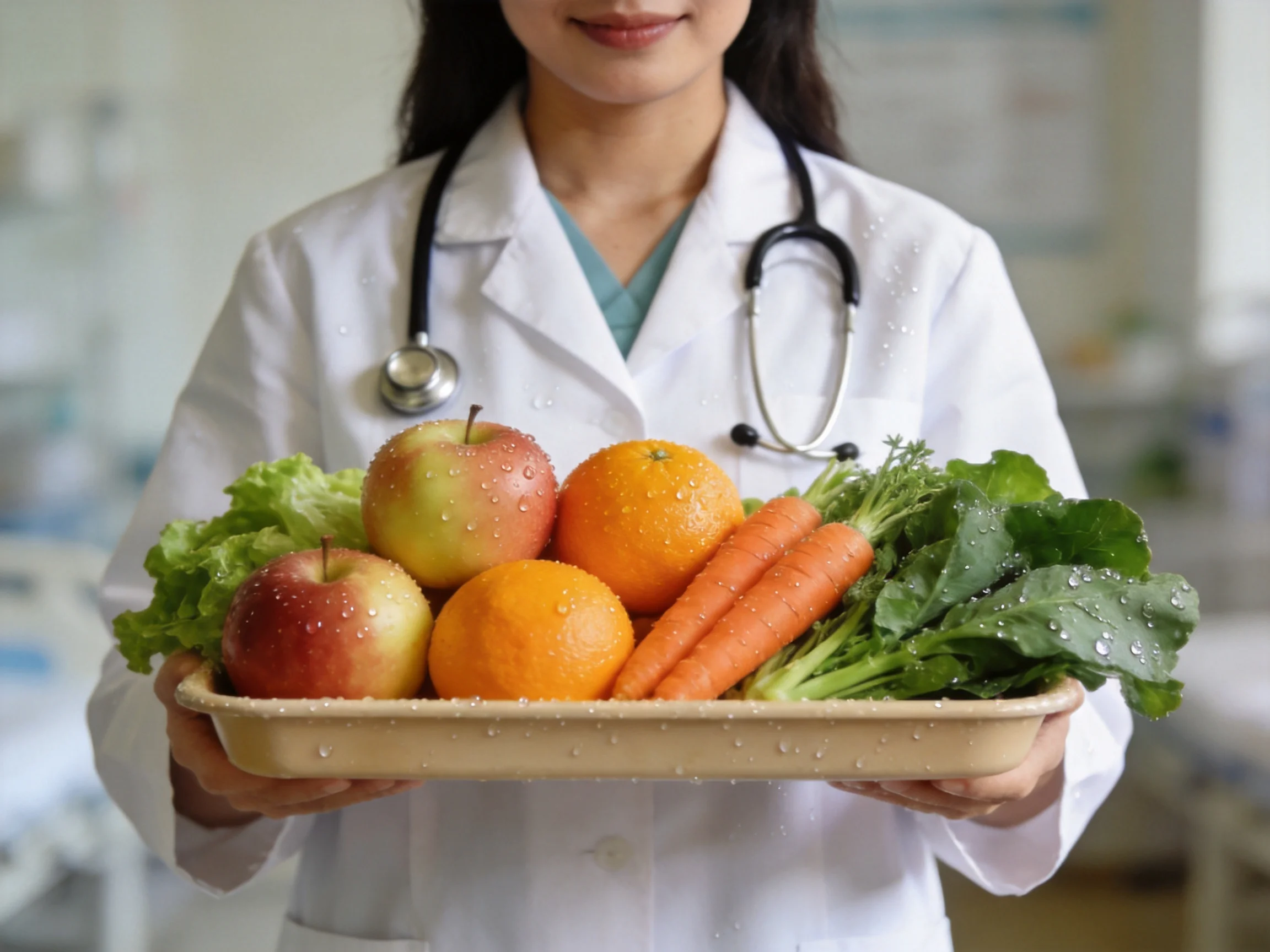Doctor in white coat holds tray of fresh fruits and vegetables
