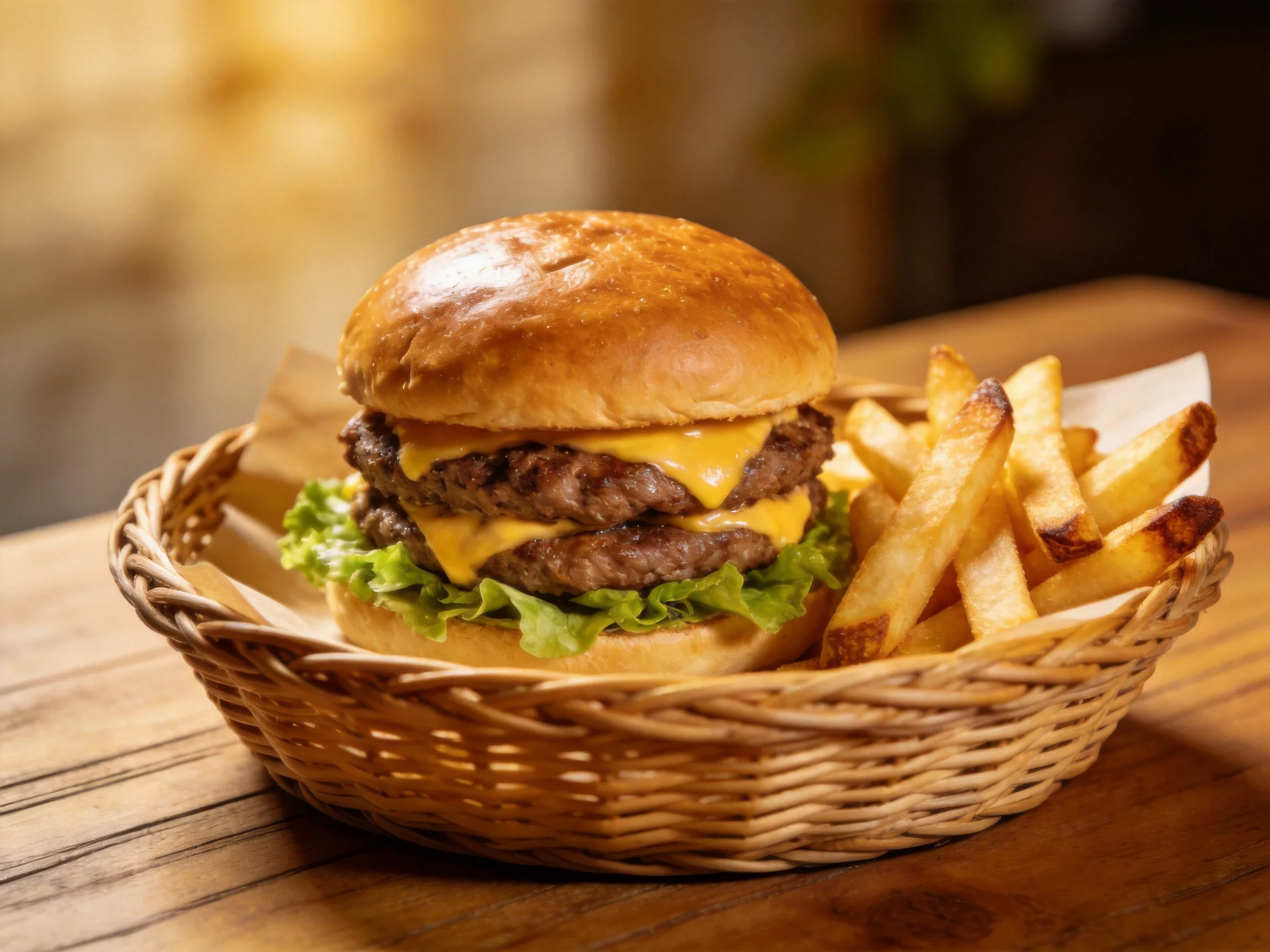 Double cheeseburger with two beef patties and golden fries in wicker basket