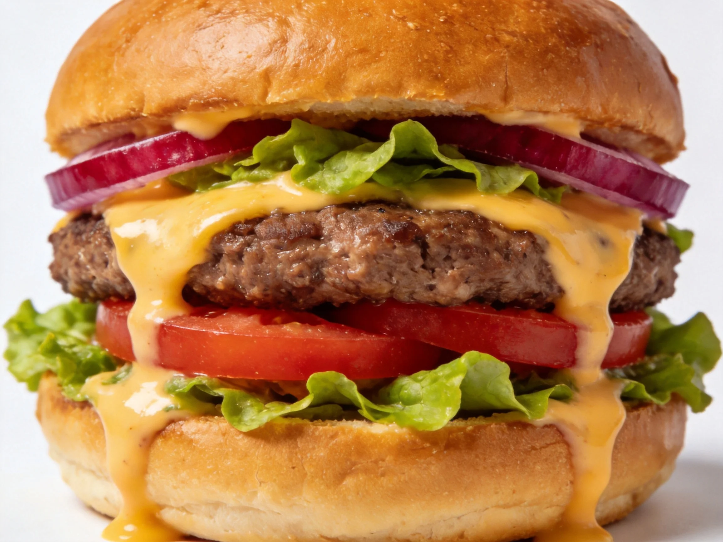Double-decker cheeseburger with lettuce, tomato, red onion, and melted cheese