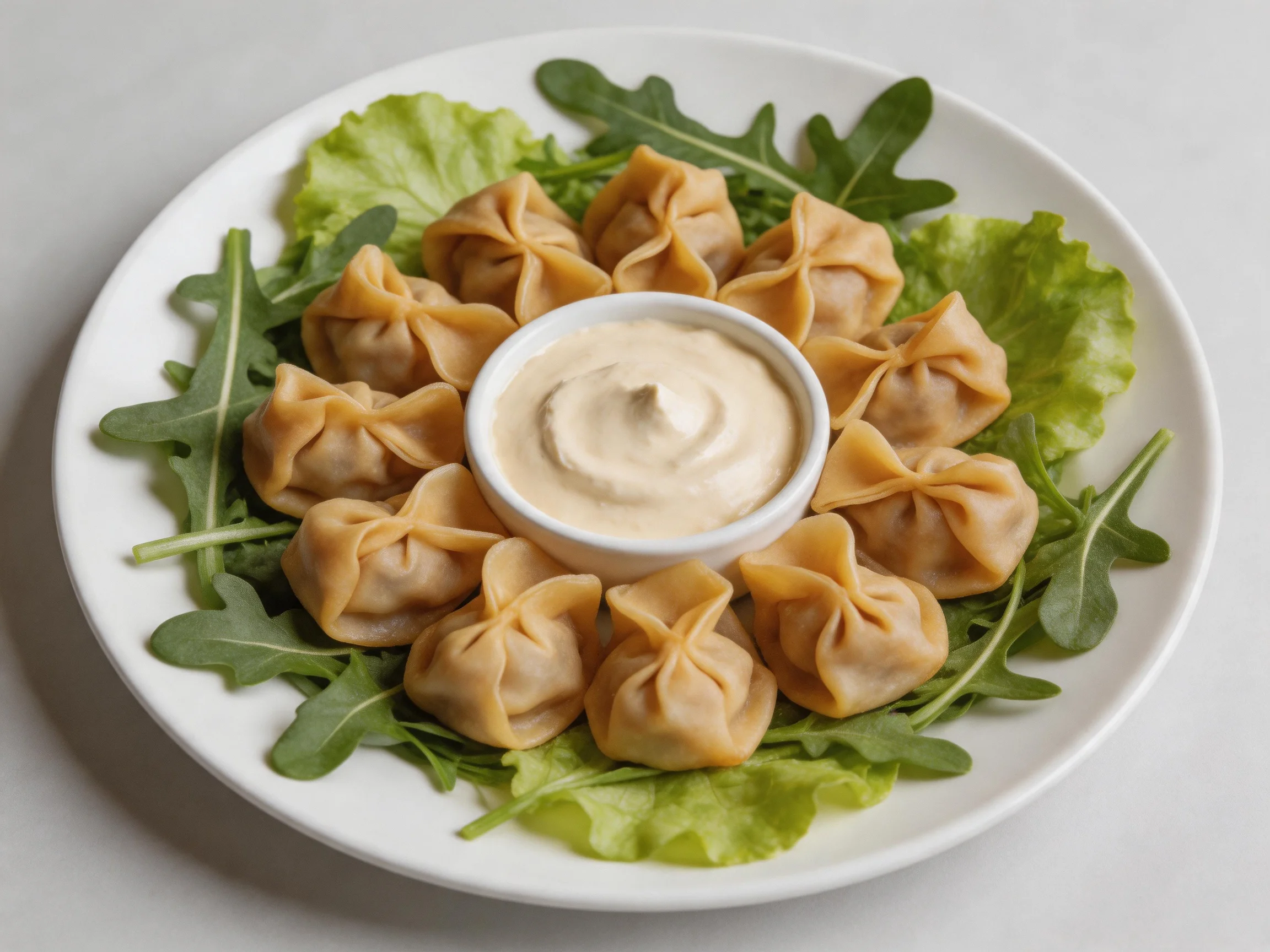 Dumplings arranged in a circle around a creamy dip with mixed greens on a white plate