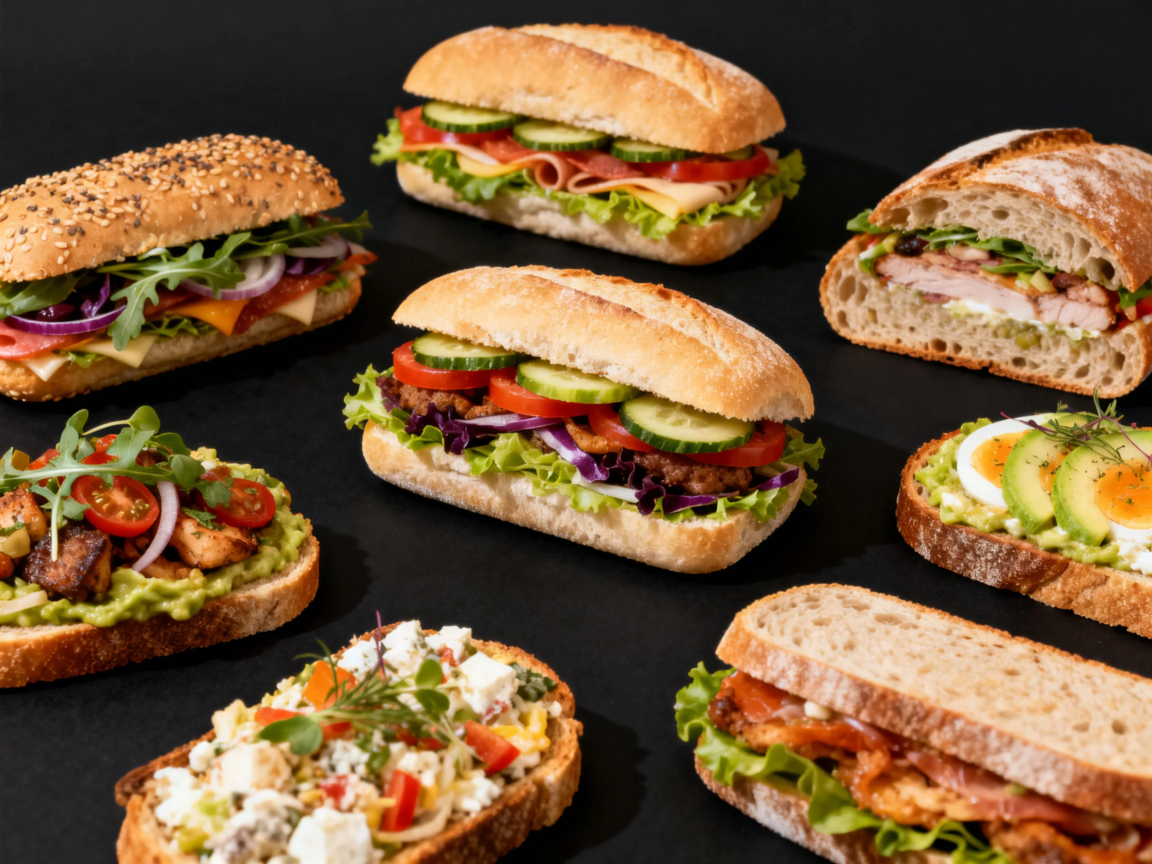 Eight assorted sandwiches and open-faced dishes displayed on a dark surface