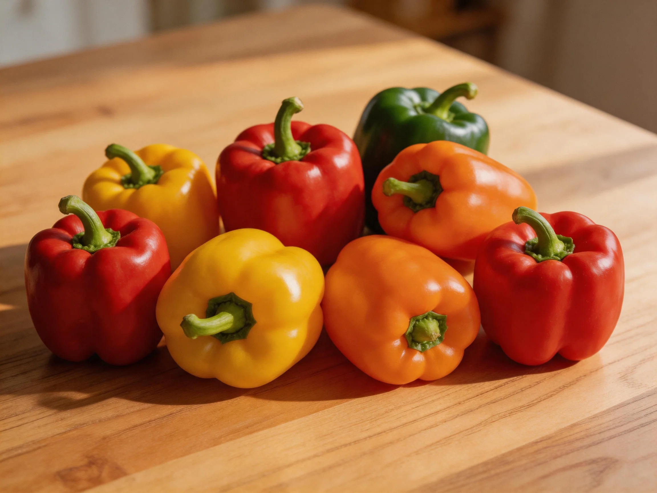 Eight bell peppers in red, yellow, orange, and green on a wooden table