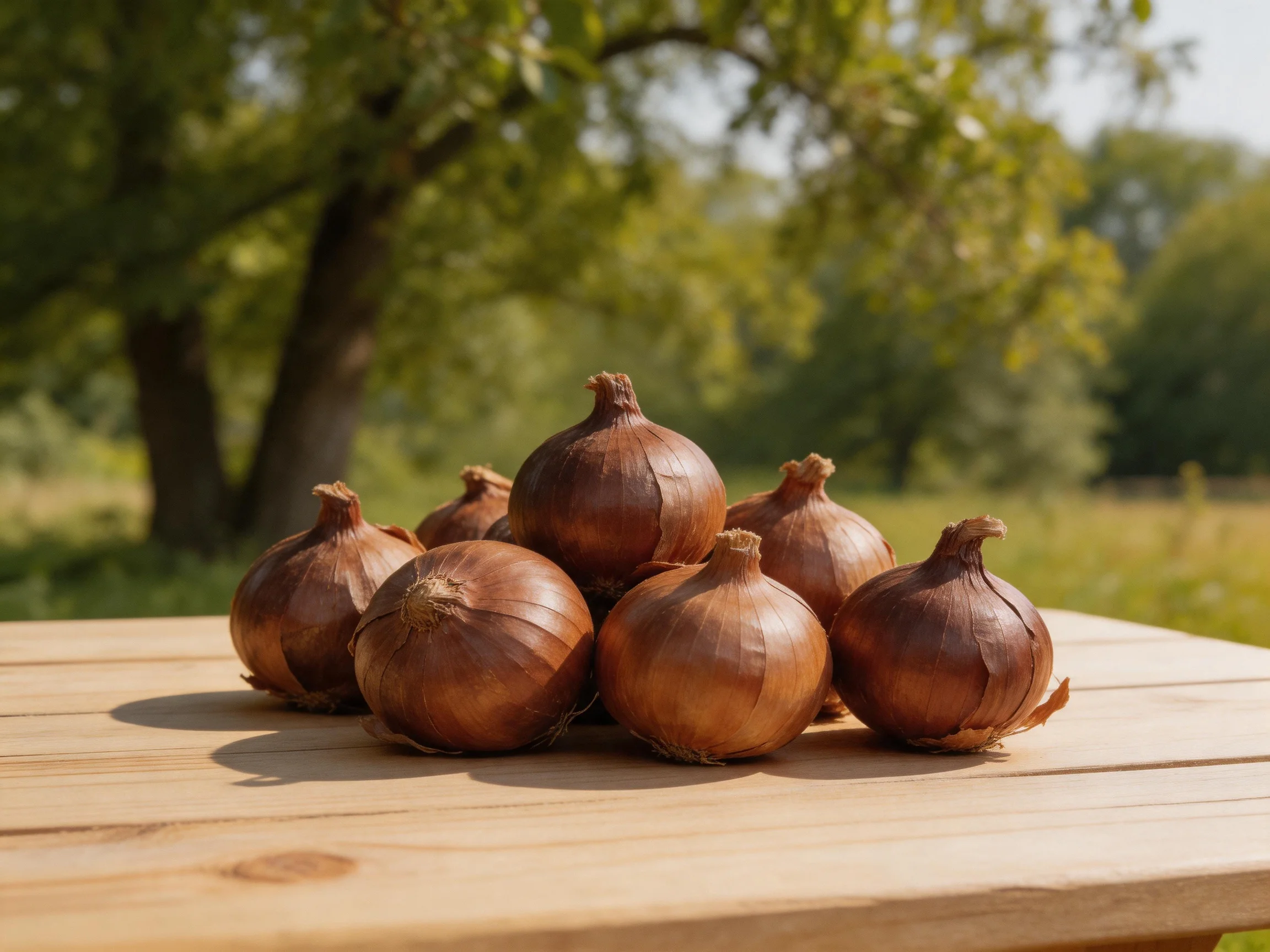 Eight brown onions stacked on a wooden table outdoors