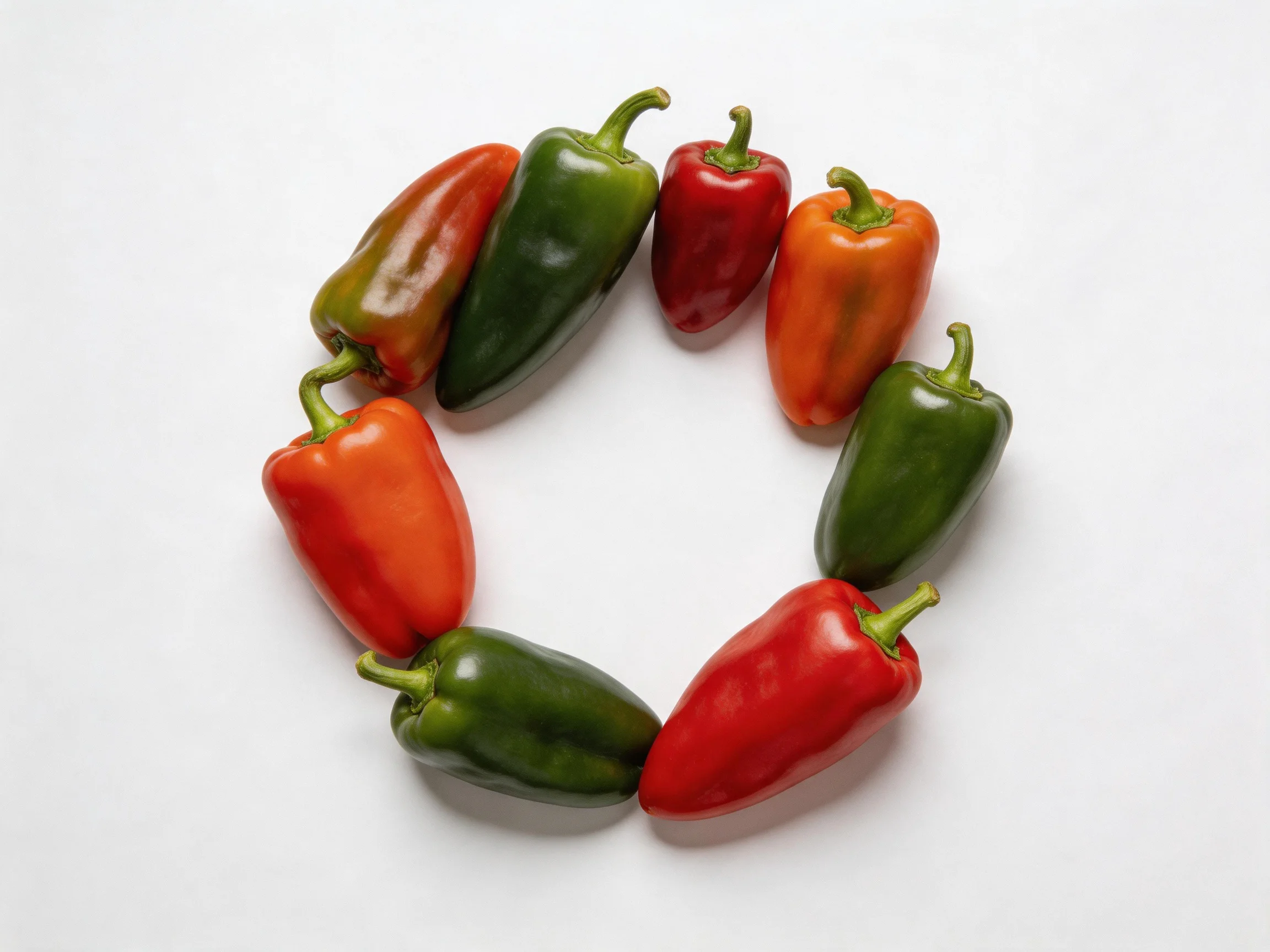 Eight colorful bell peppers arranged in a circular pattern on a white surface