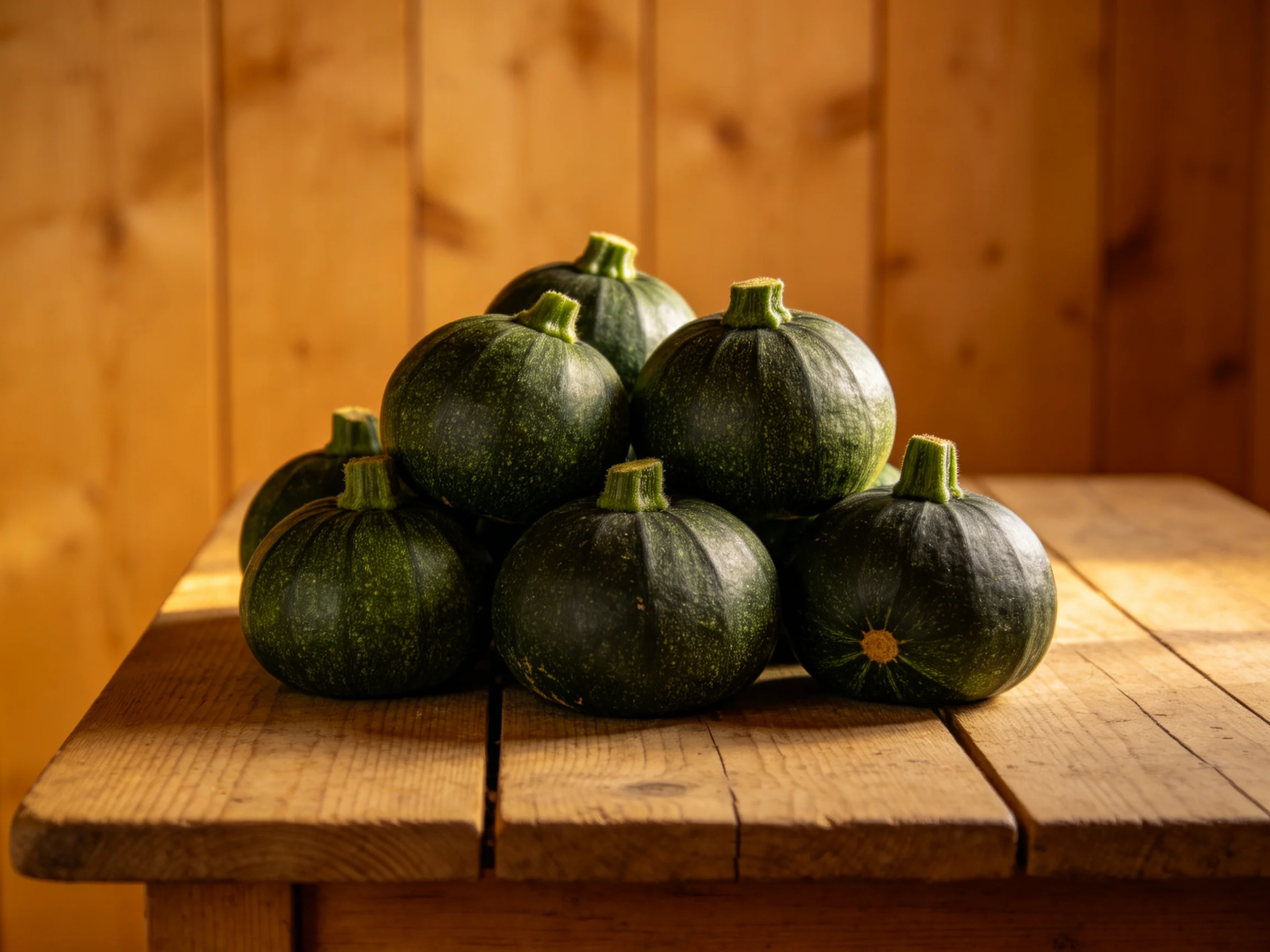 Eight dark green squashes stacked on a rustic wooden table