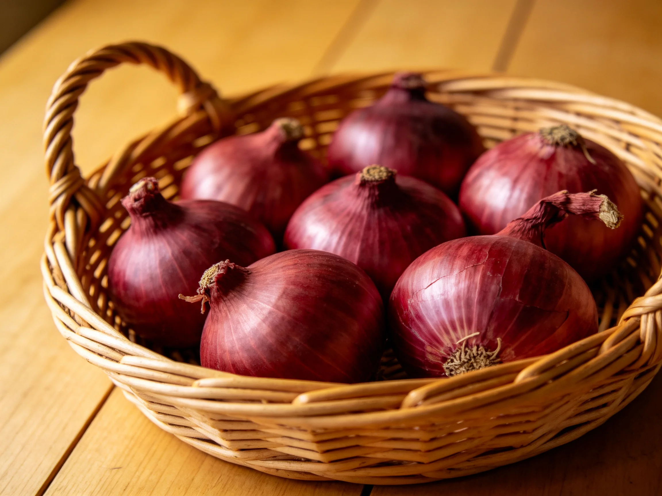 Eight deep red onions in a woven basket on a wooden table