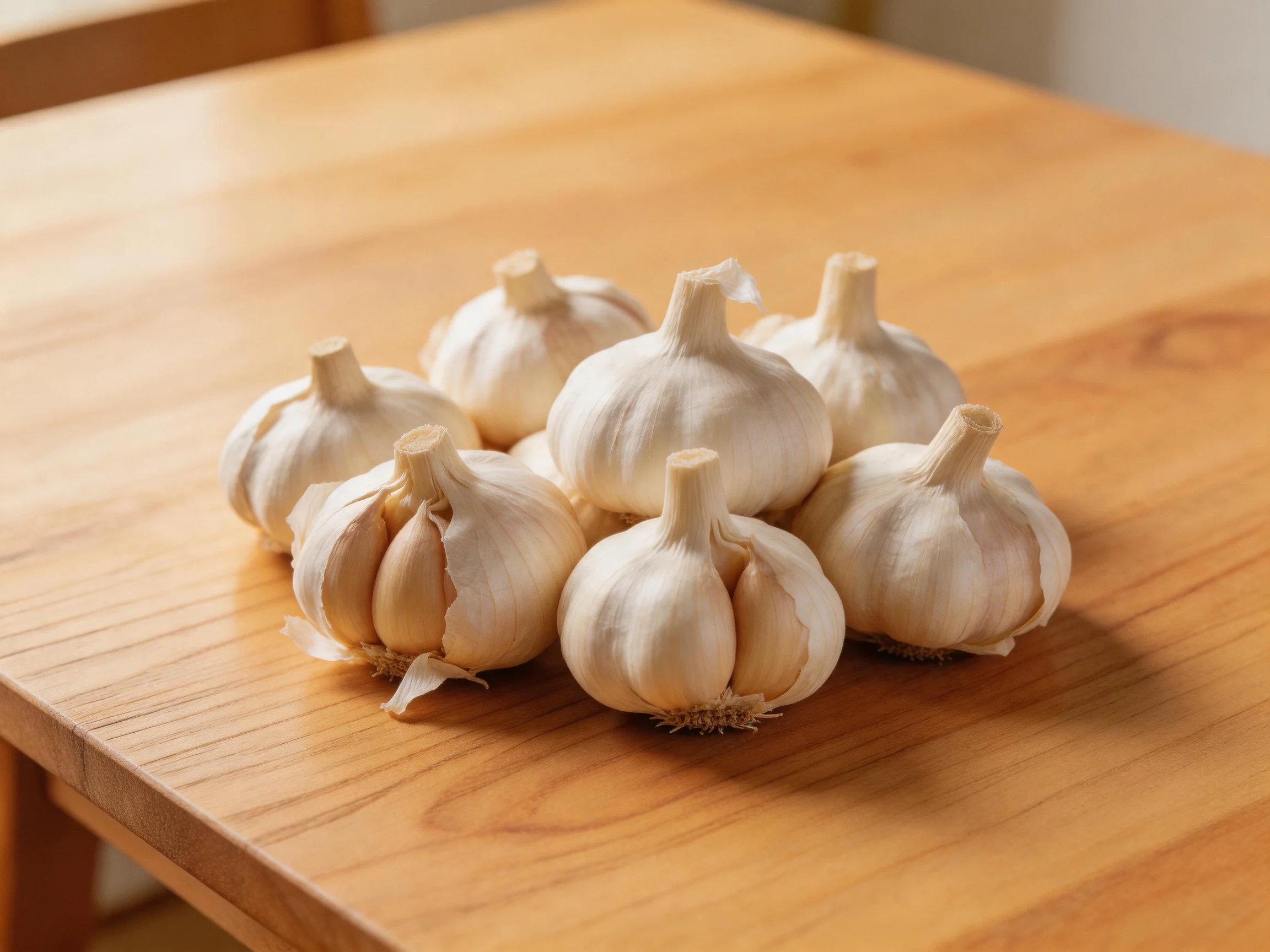 Eight garlic bulbs arranged on a polished wooden table