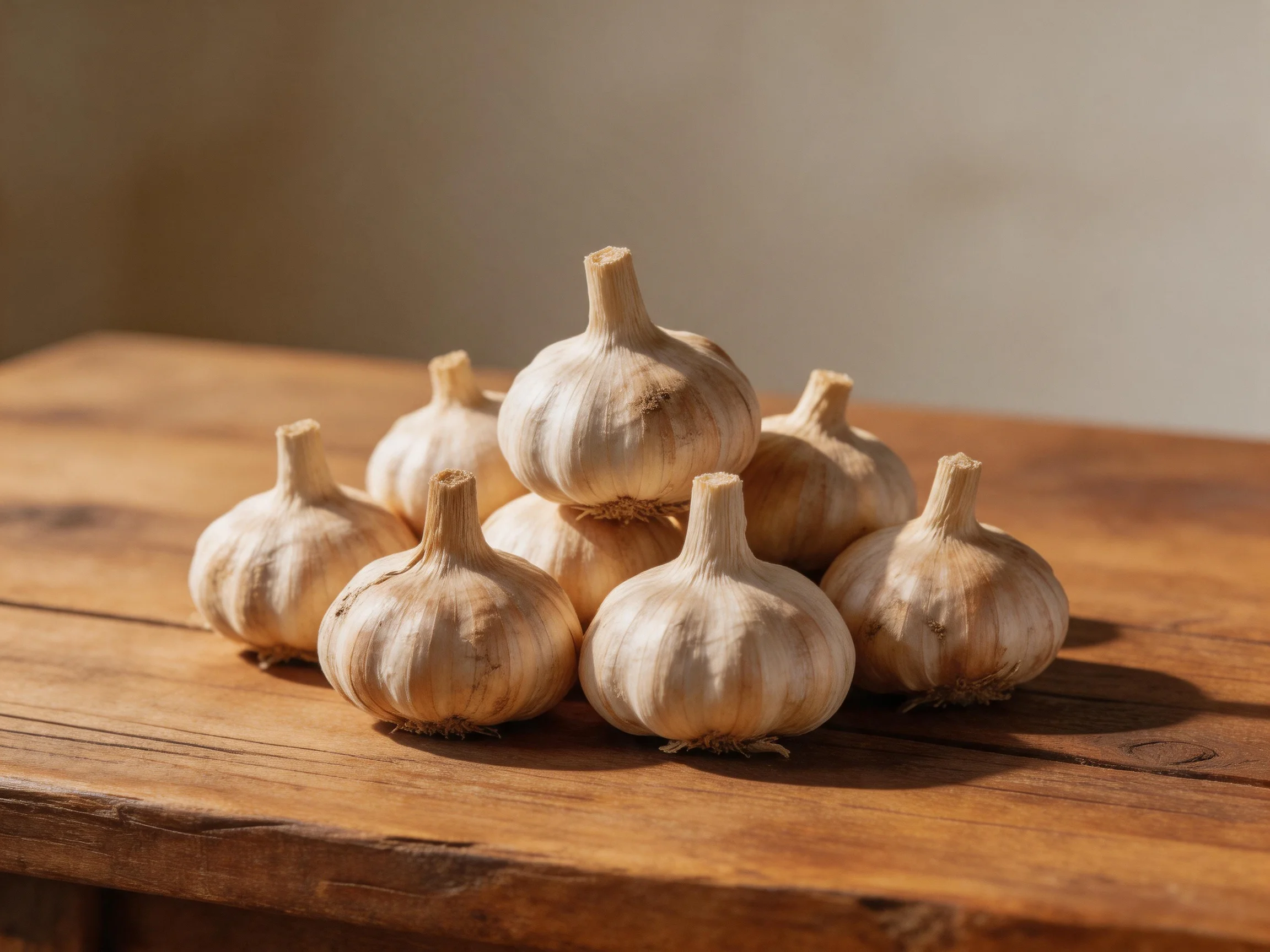 Eight garlic bulbs arranged on a rustic wooden table