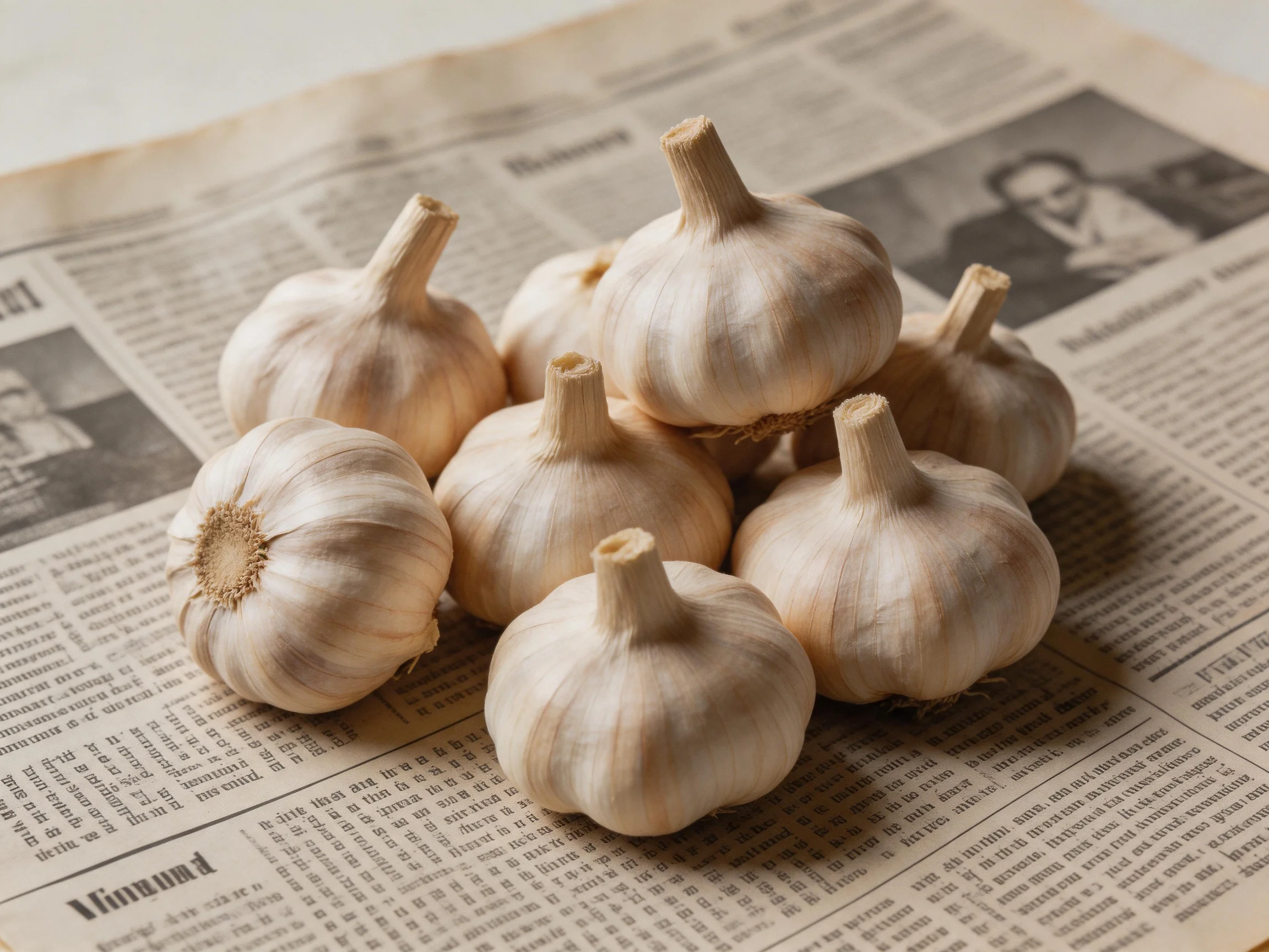 Eight garlic bulbs rest on an aged newspaper with printed text