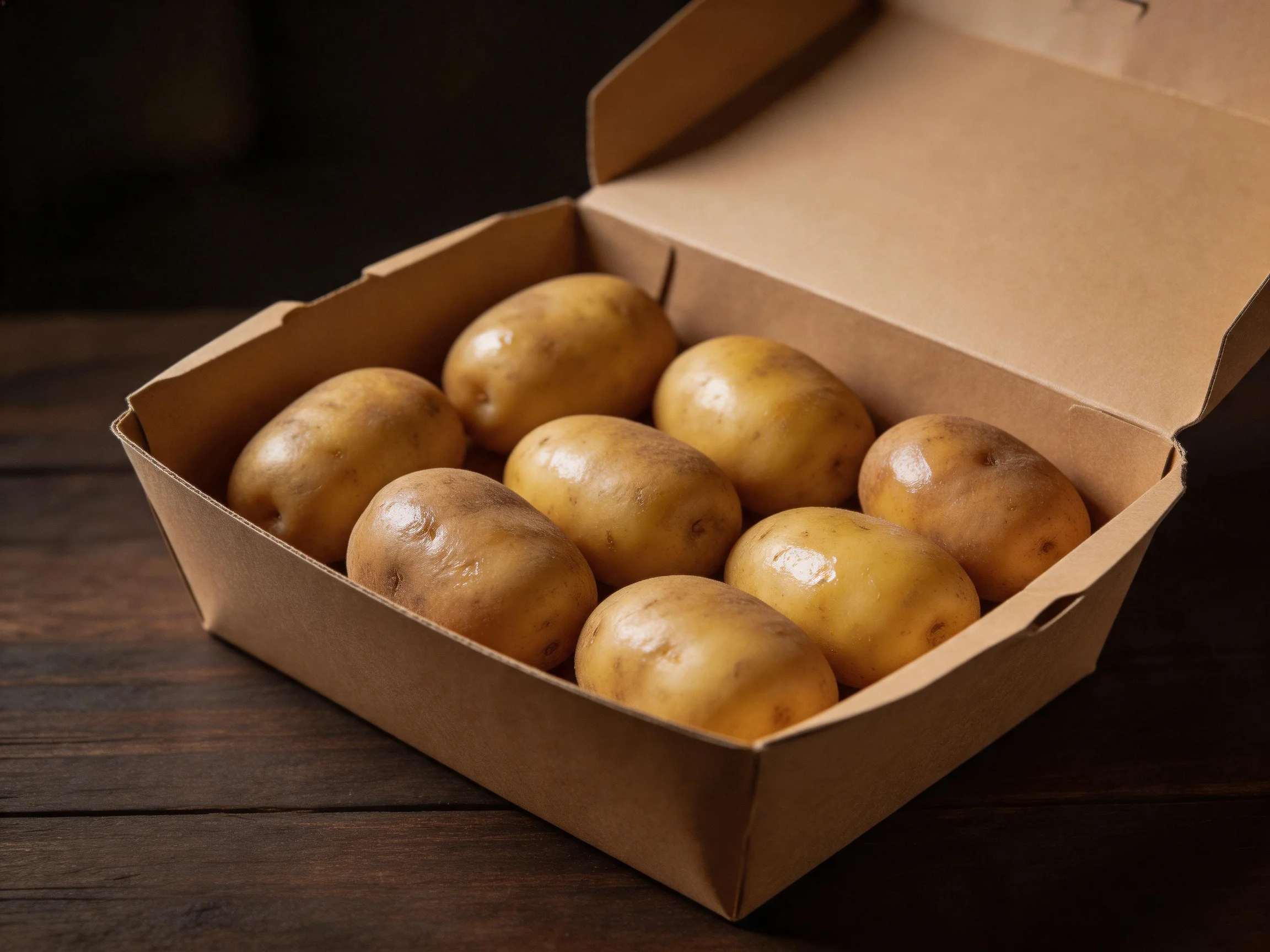 Eight golden-hued potatoes in an open cardboard box on a wooden surface