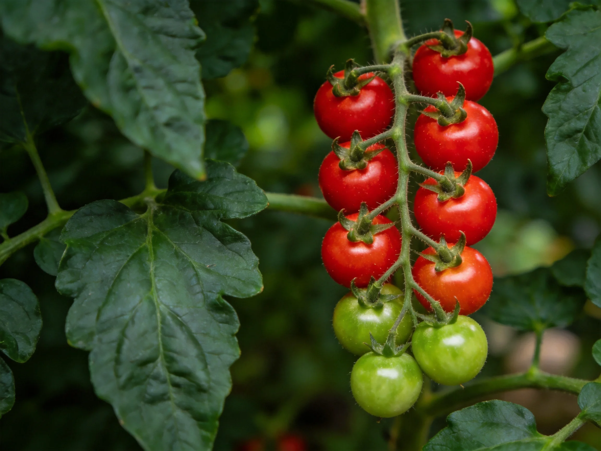 Eight red and four green cherry tomatoes on a vine with large green leaves