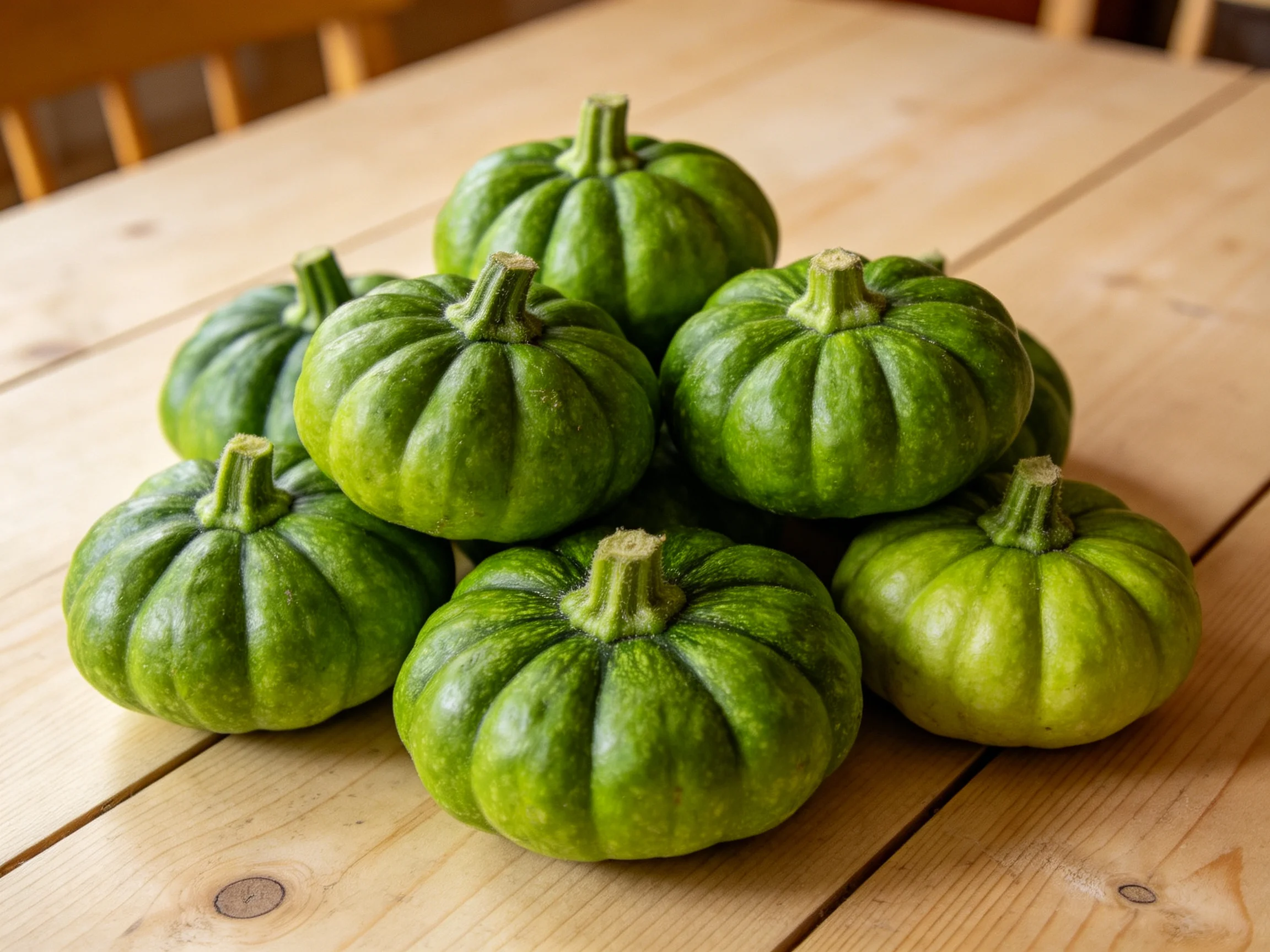 Eight small green pumpkins arranged on a light wooden table