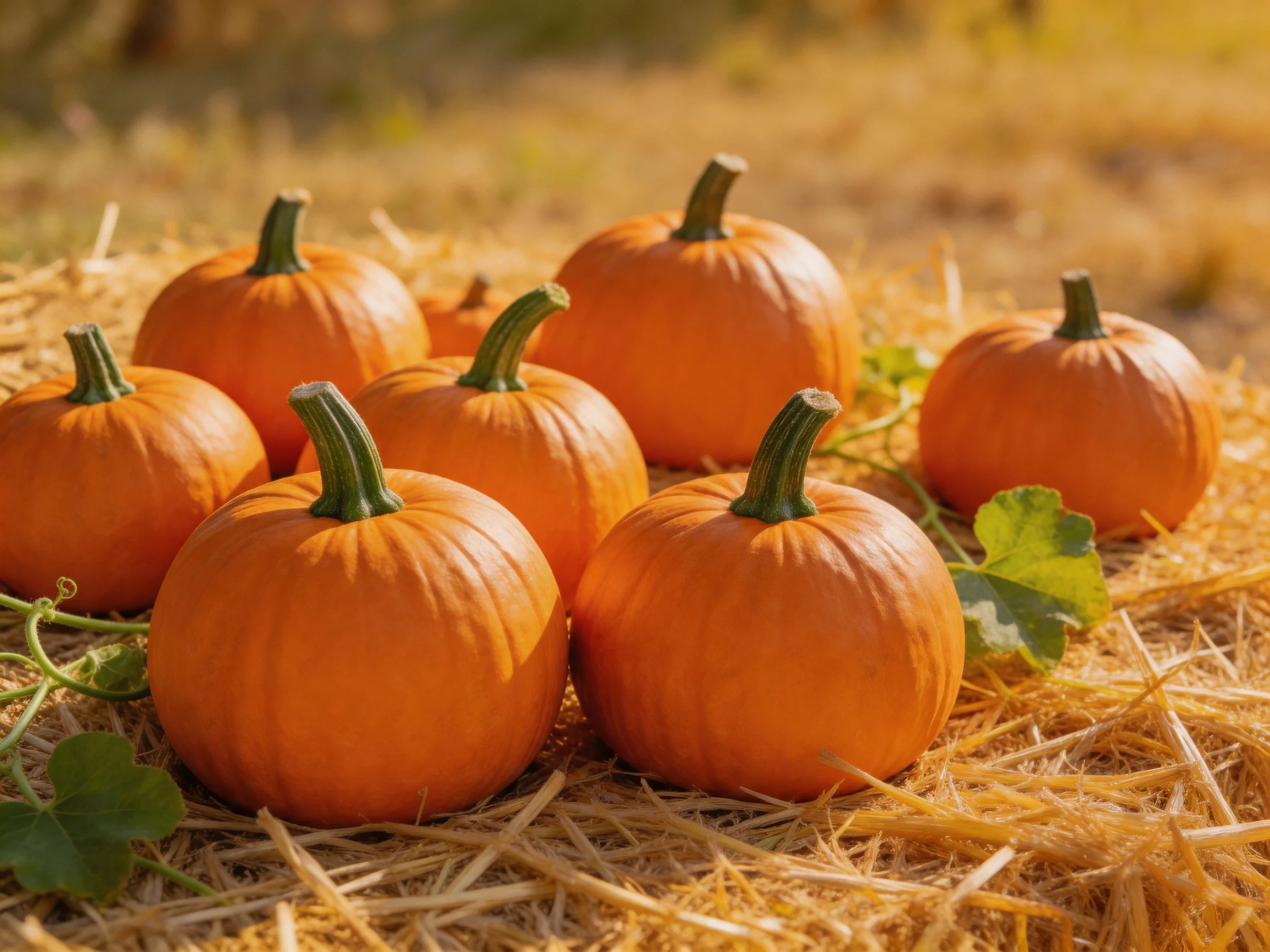 Eight small orange pumpkins arranged on golden straw with green vines