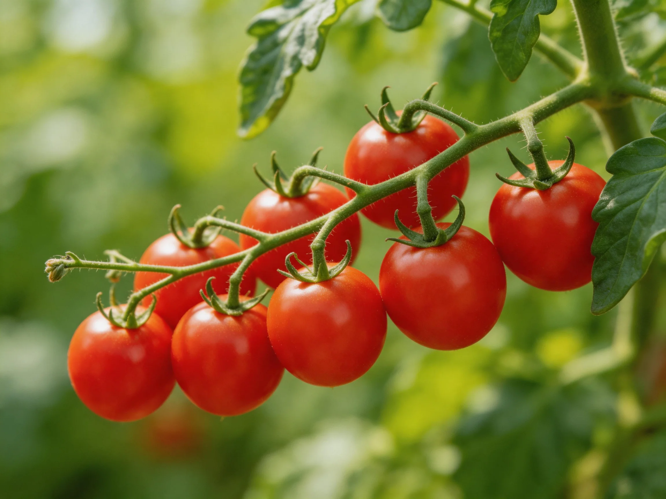 Eight vibrant red cherry tomatoes cluster on a green vine with leafy surroundings