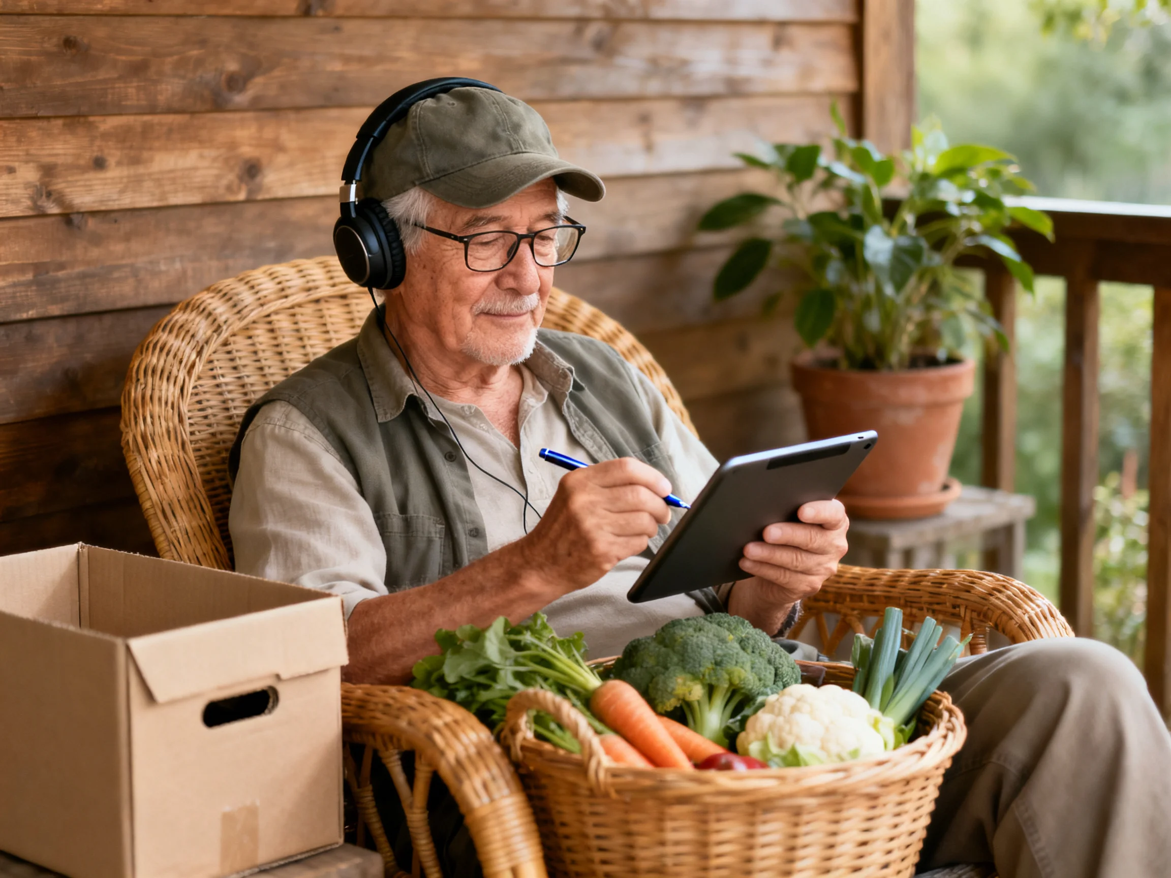 Elderly man with headphones uses tablet near vegetable baskets on wooden porch