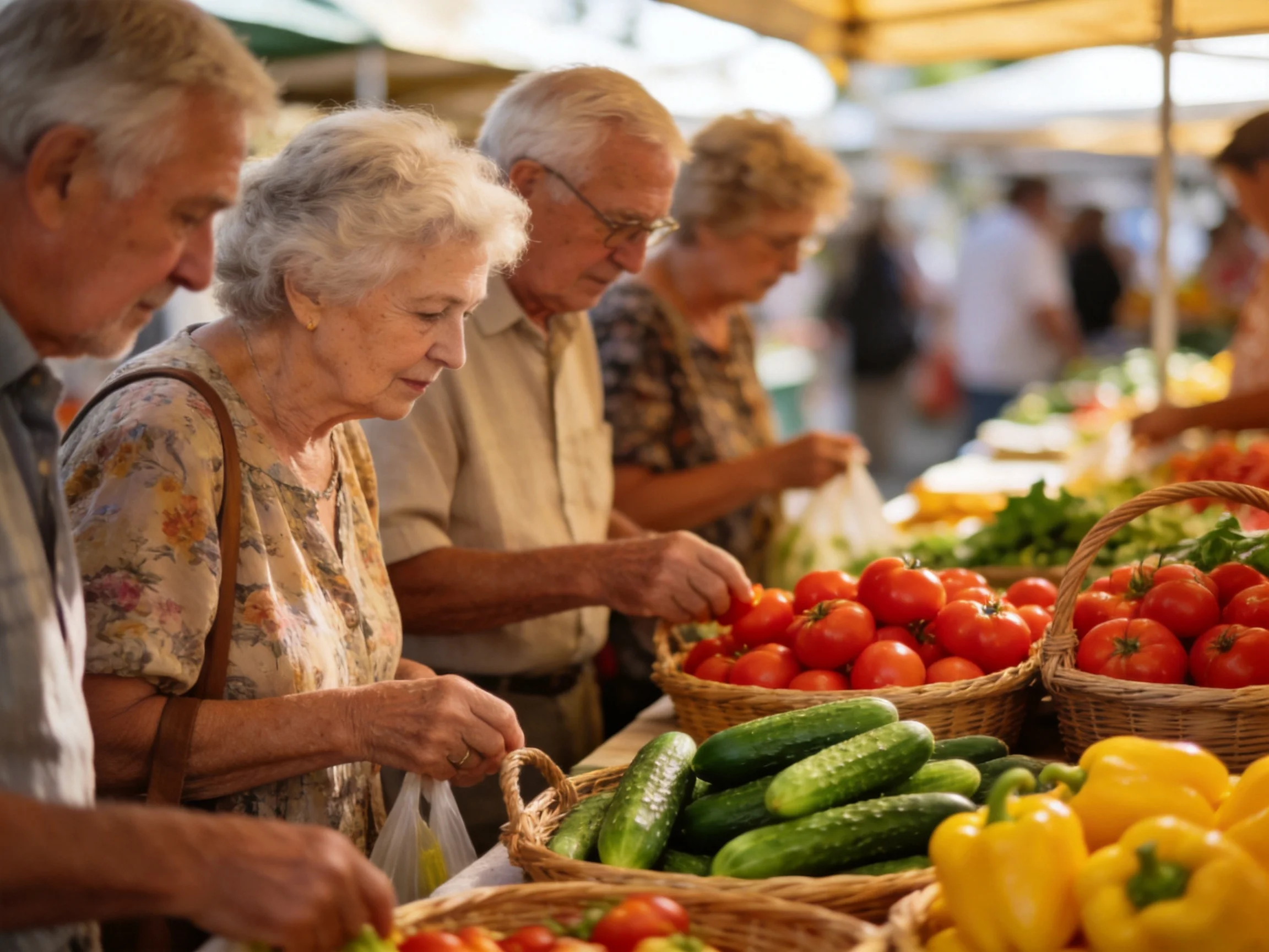 Elderly shoppers examine colorful vegetables at outdoor market