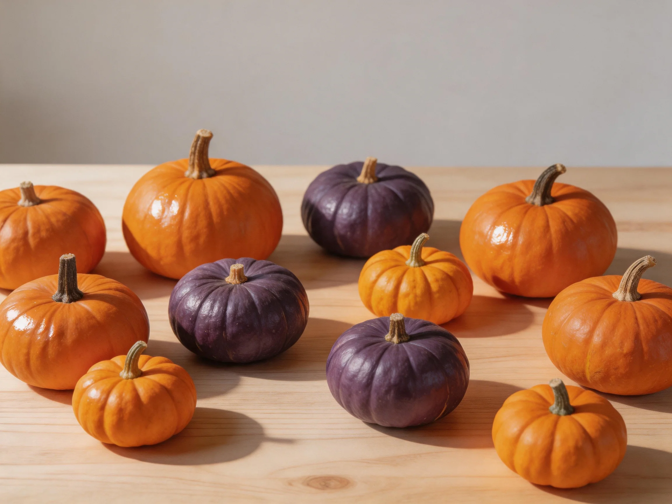 Eleven colorful mini pumpkins arranged on a wooden table