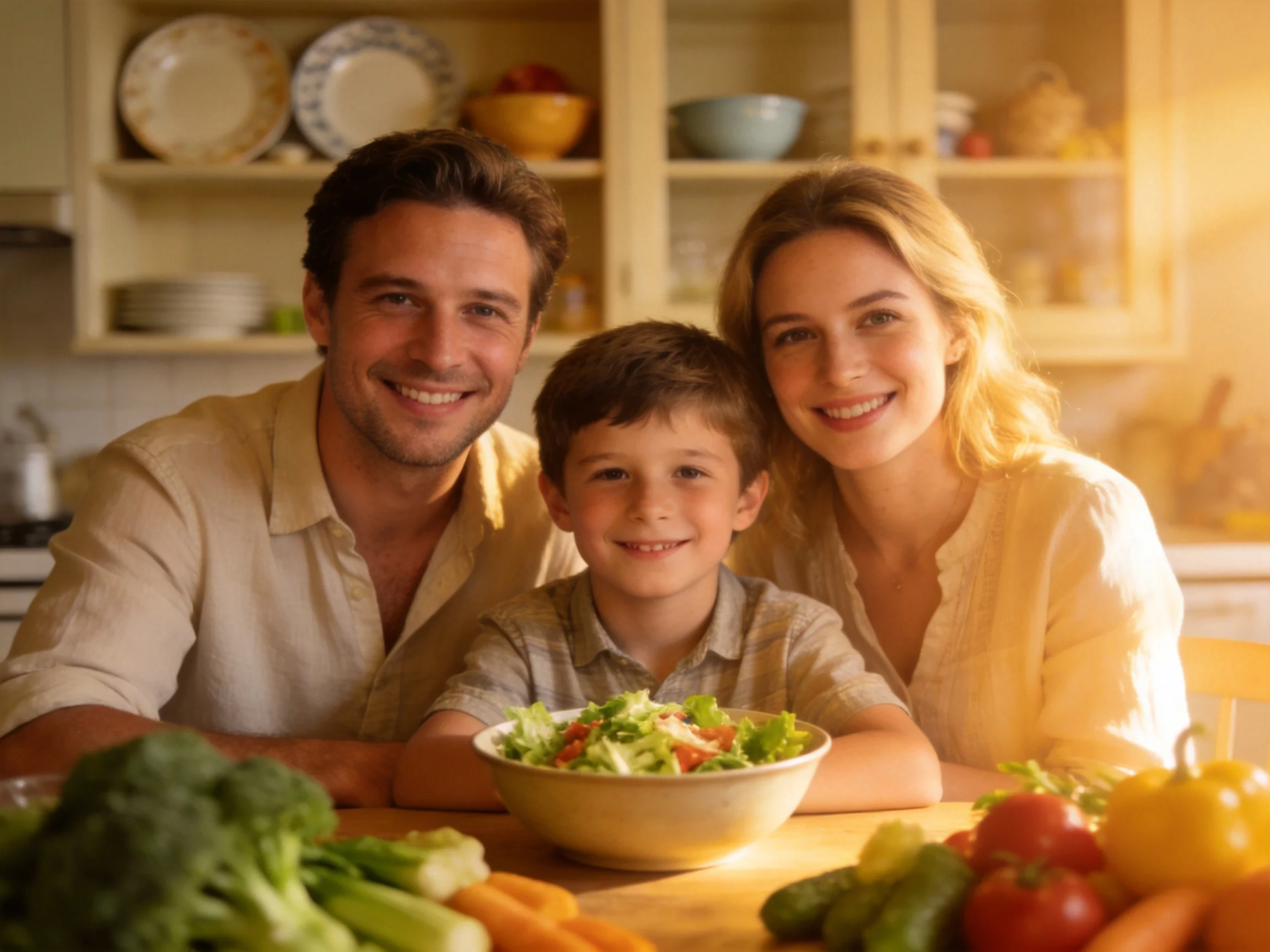 Family group smiling around salad bowl with fresh vegetables in kitchen